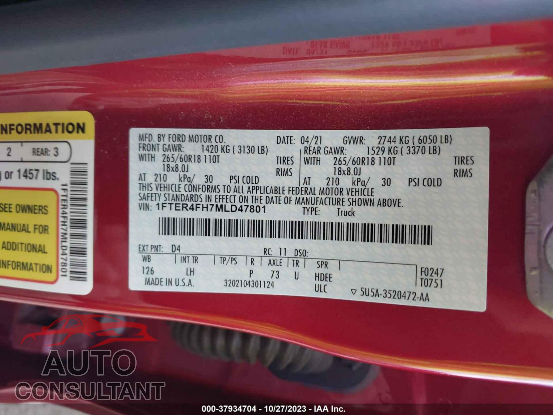 FORD RANGER 2021 - 1FTER4FH7MLD47801