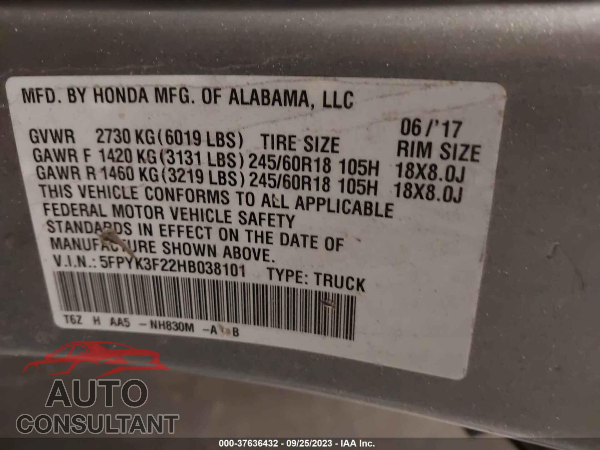 HONDA RIDGELINE 2017 - 5FPYK3F22HB038101
