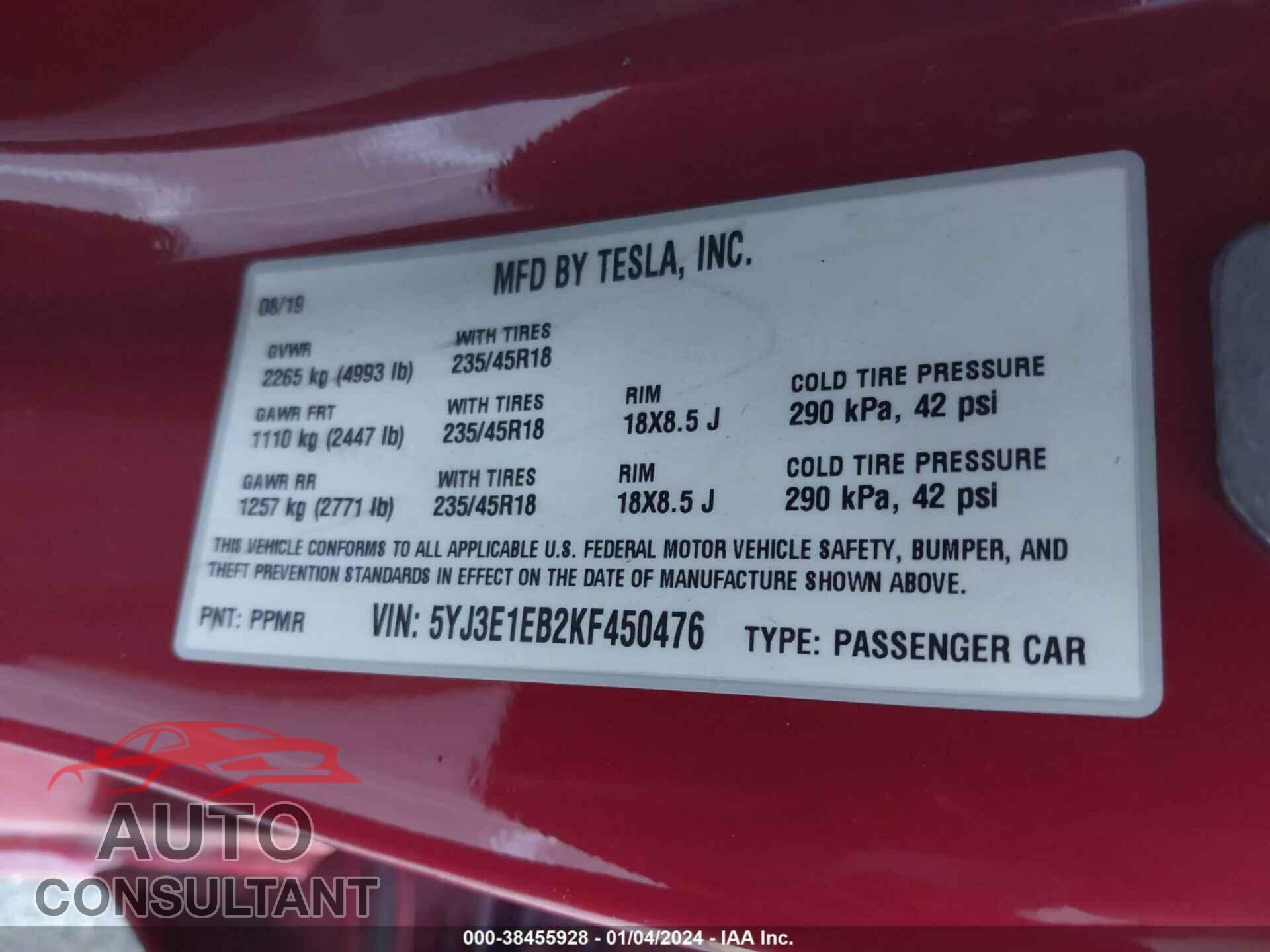 TESLA MODEL 3 2019 - 5YJ3E1EB2KF450476