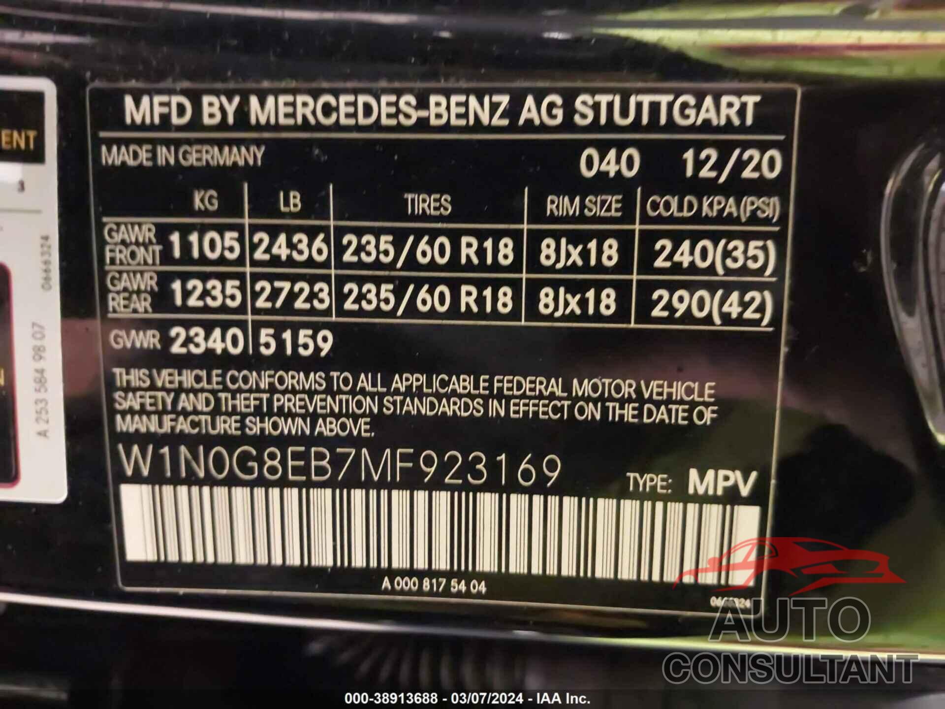 MERCEDES-BENZ GLC 300 2021 - W1N0G8EB7MF923169