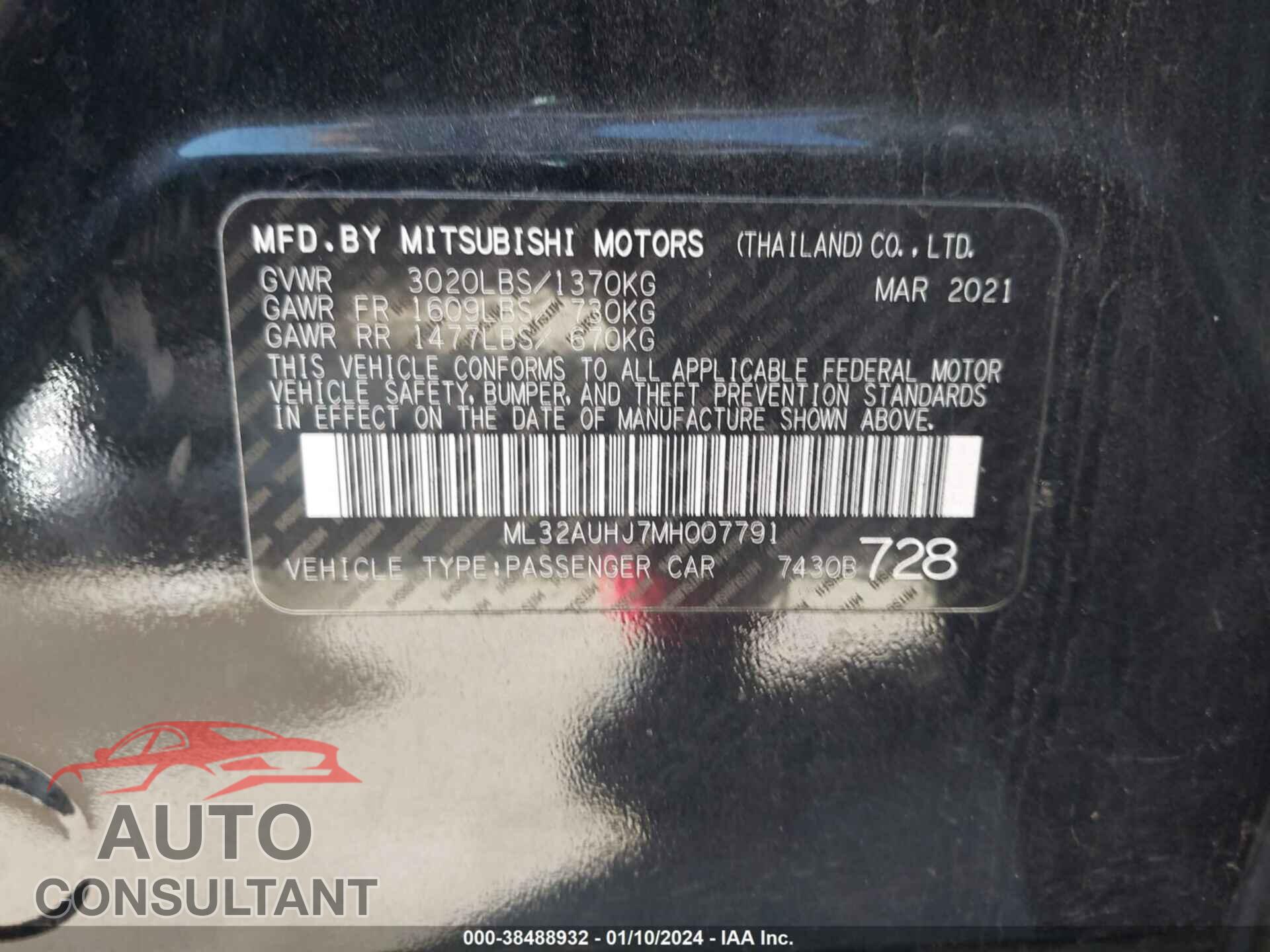 MITSUBISHI MIRAGE 2021 - ML32AUHJ7MH007791