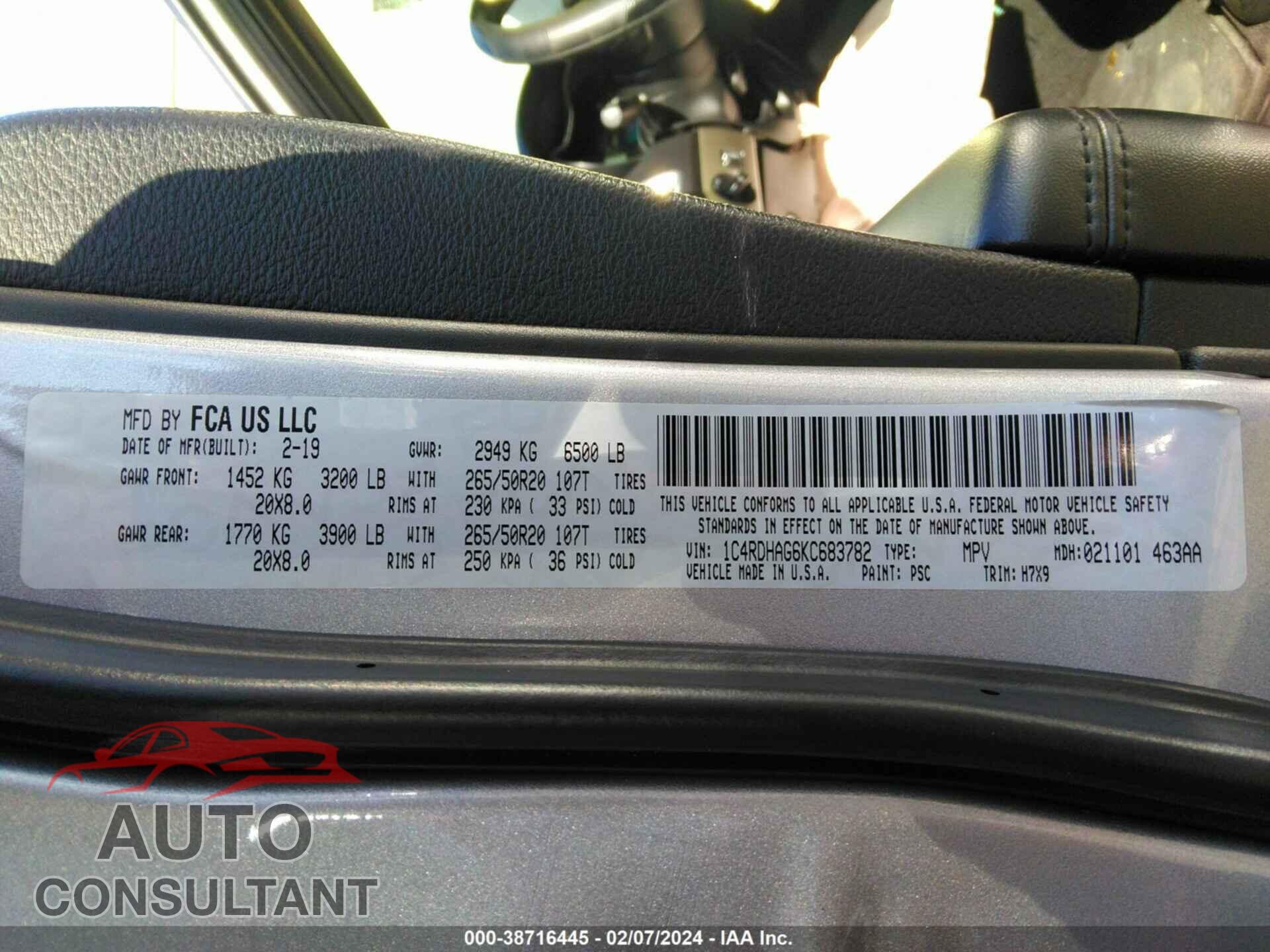 DODGE DURANGO 2019 - 1C4RDHAG6KC683782