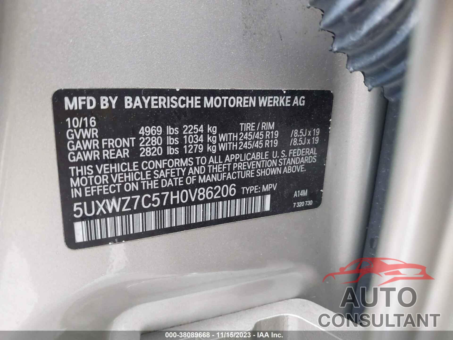 BMW X3 2017 - 5UXWZ7C57H0V86206