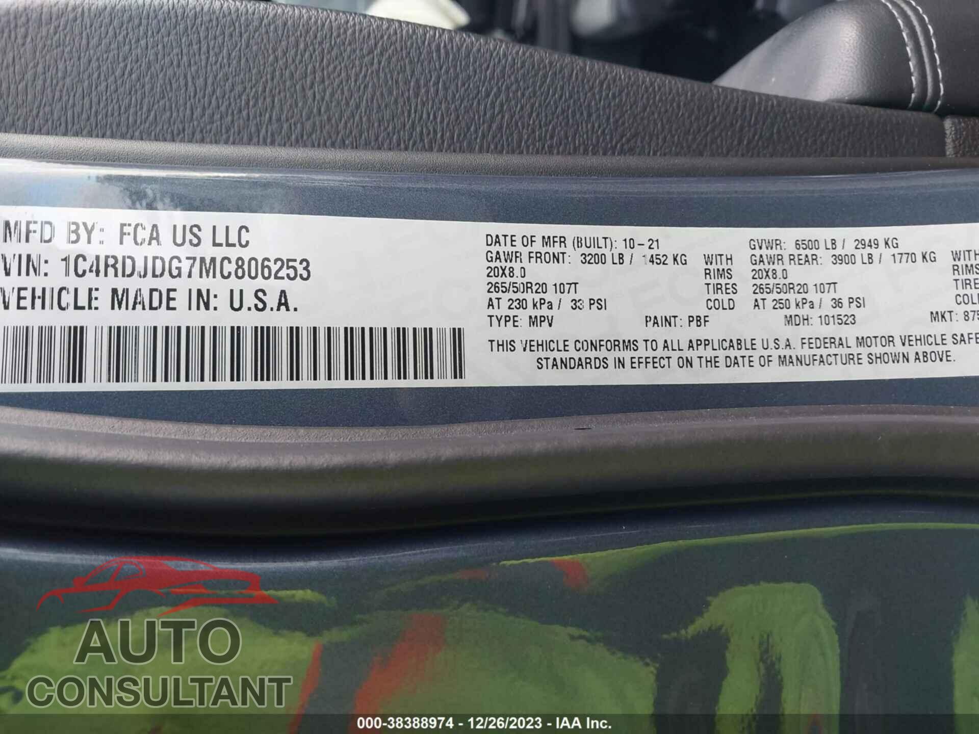DODGE DURANGO 2021 - 1C4RDJDG7MC806253