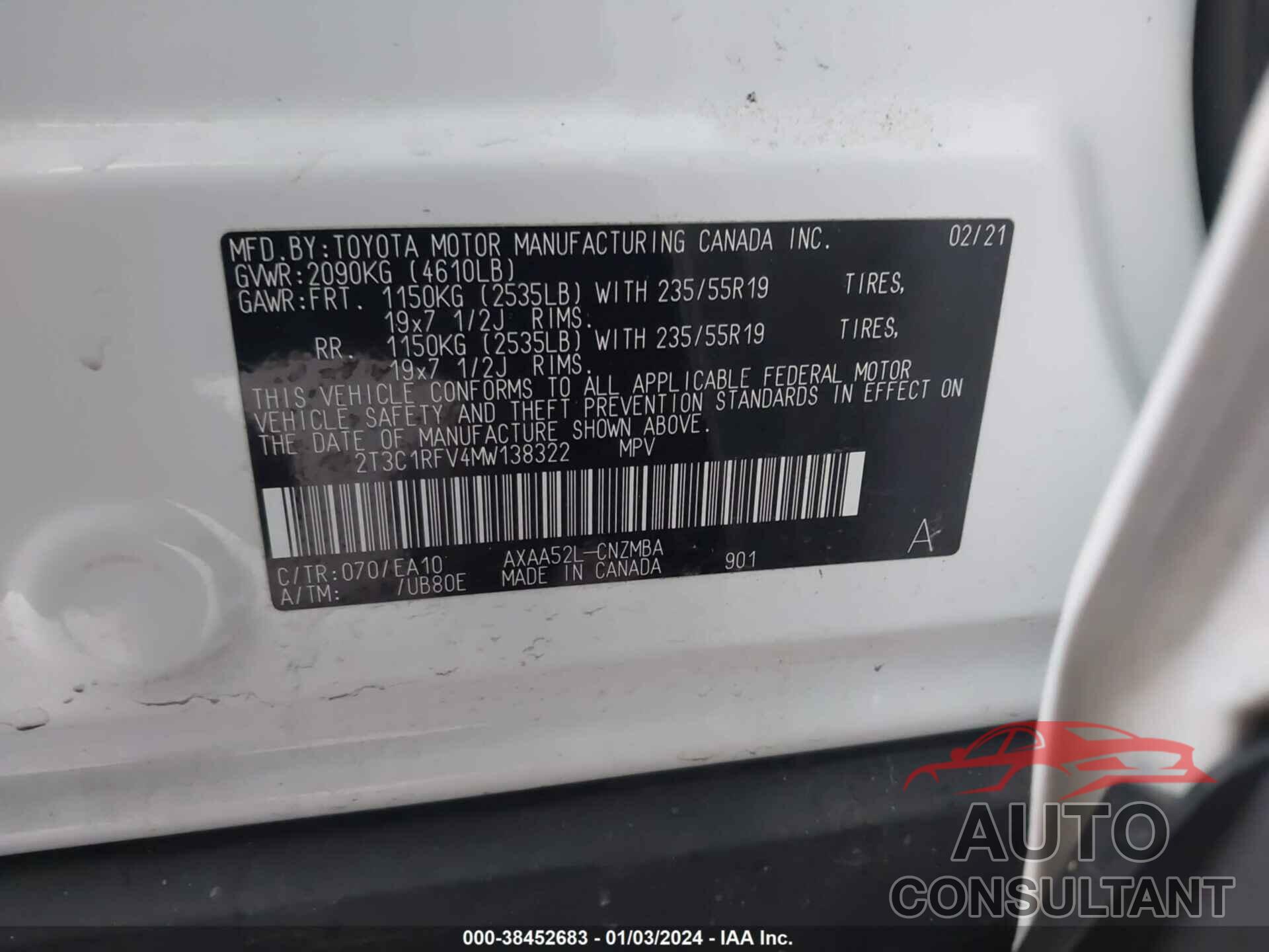 TOYOTA RAV4 2021 - 2T3C1RFV4MW138322