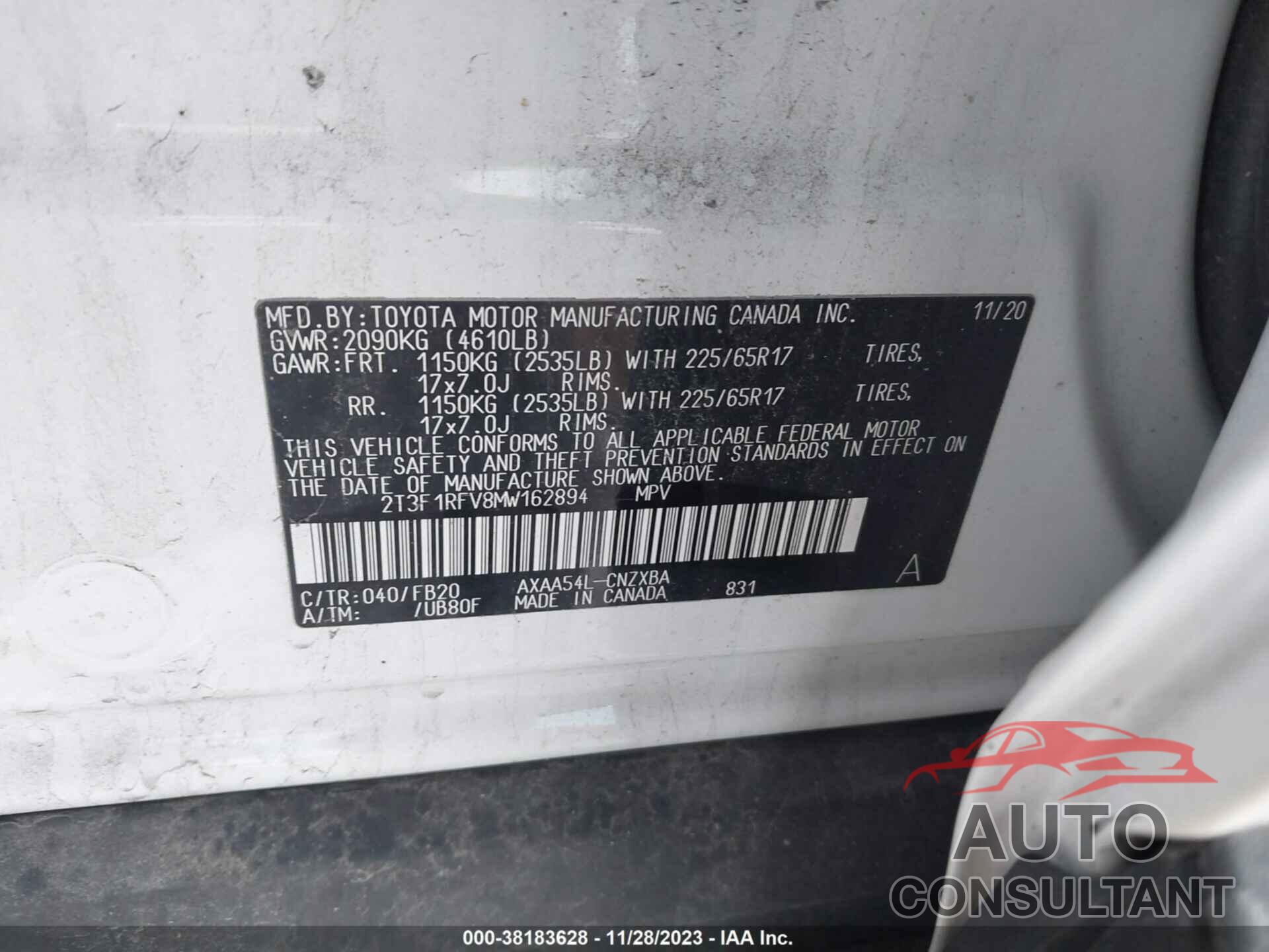 TOYOTA RAV4 2021 - 2T3F1RFV8MW162894