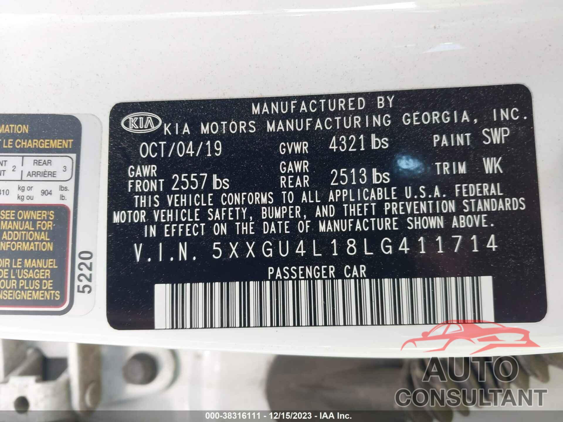 KIA OPTIMA 2020 - 5XXGU4L18LG411714