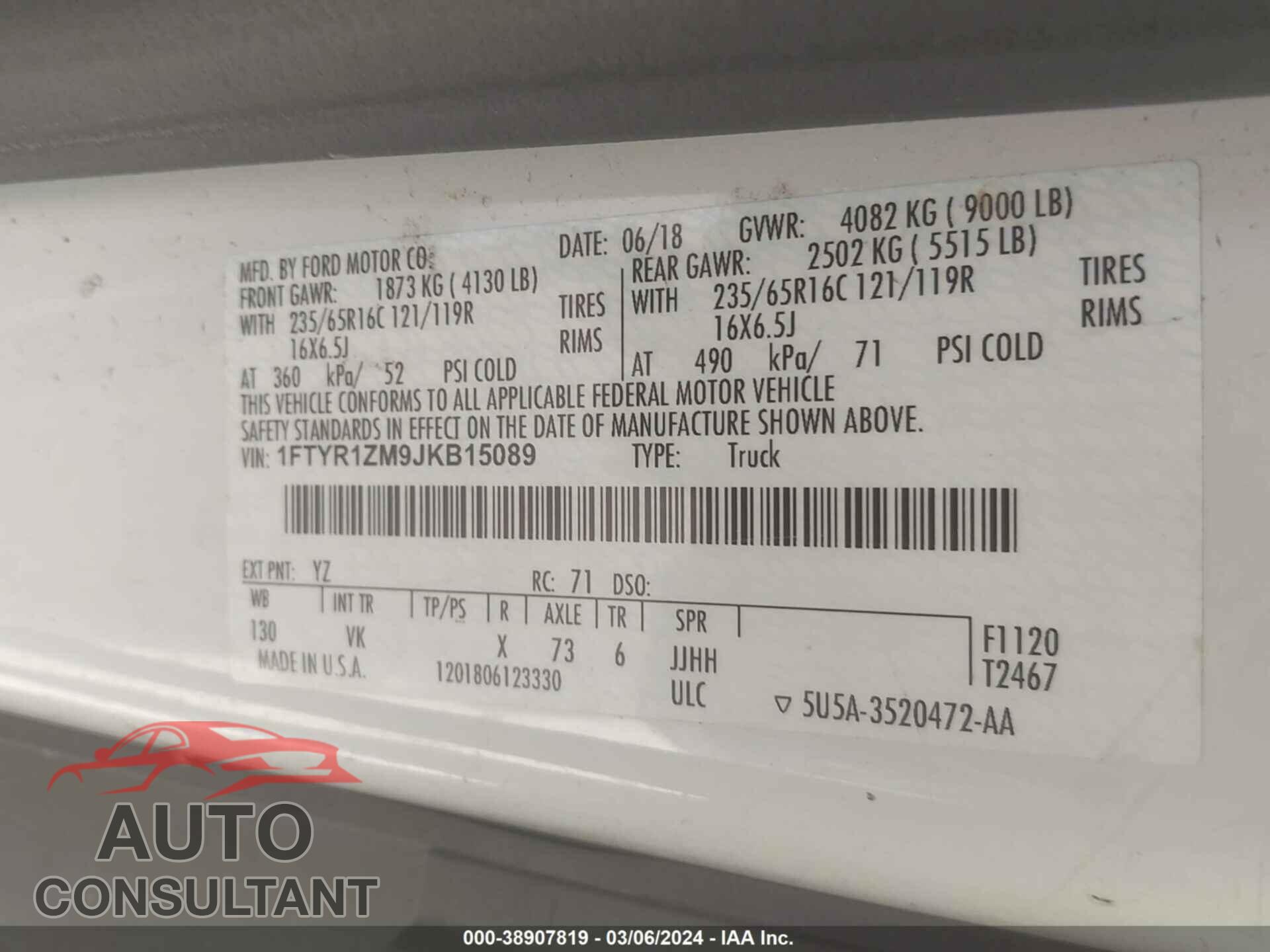 FORD TRANSIT 2018 - 1FTYR1ZM9JKB15089