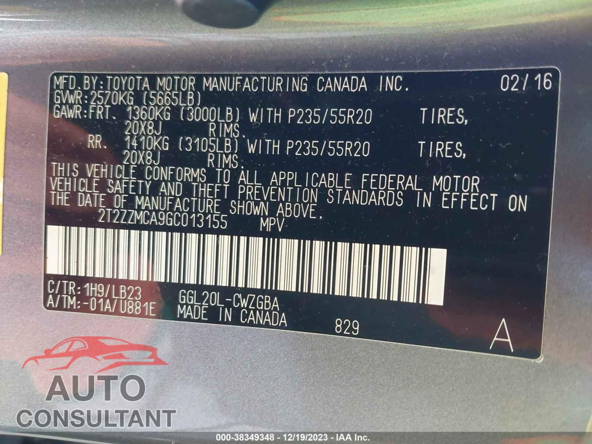 LEXUS RX 2016 - 2T2ZZMCA9GC013155