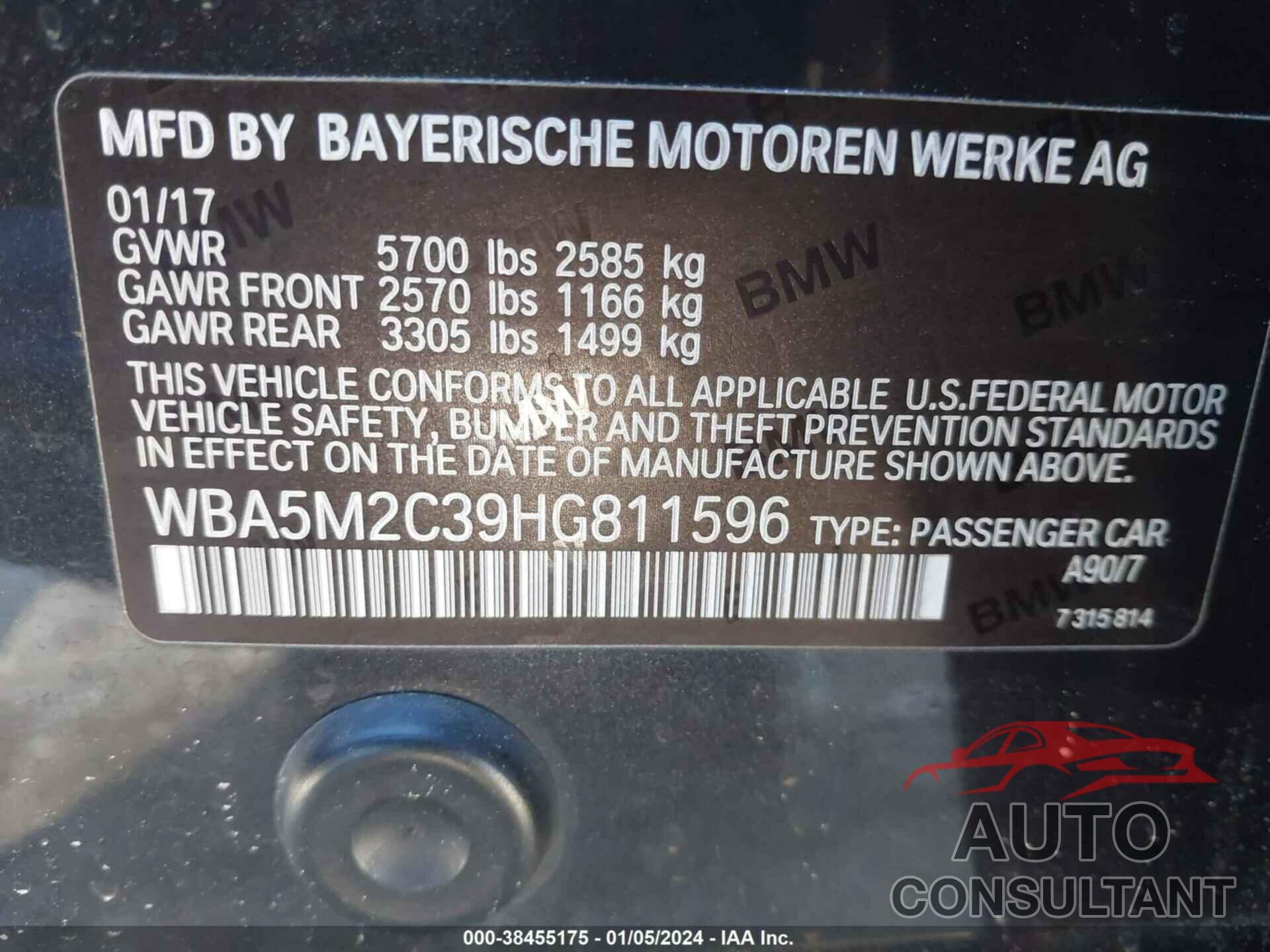 BMW 535I GRAN TURISMO 2017 - WBA5M2C39HG811596