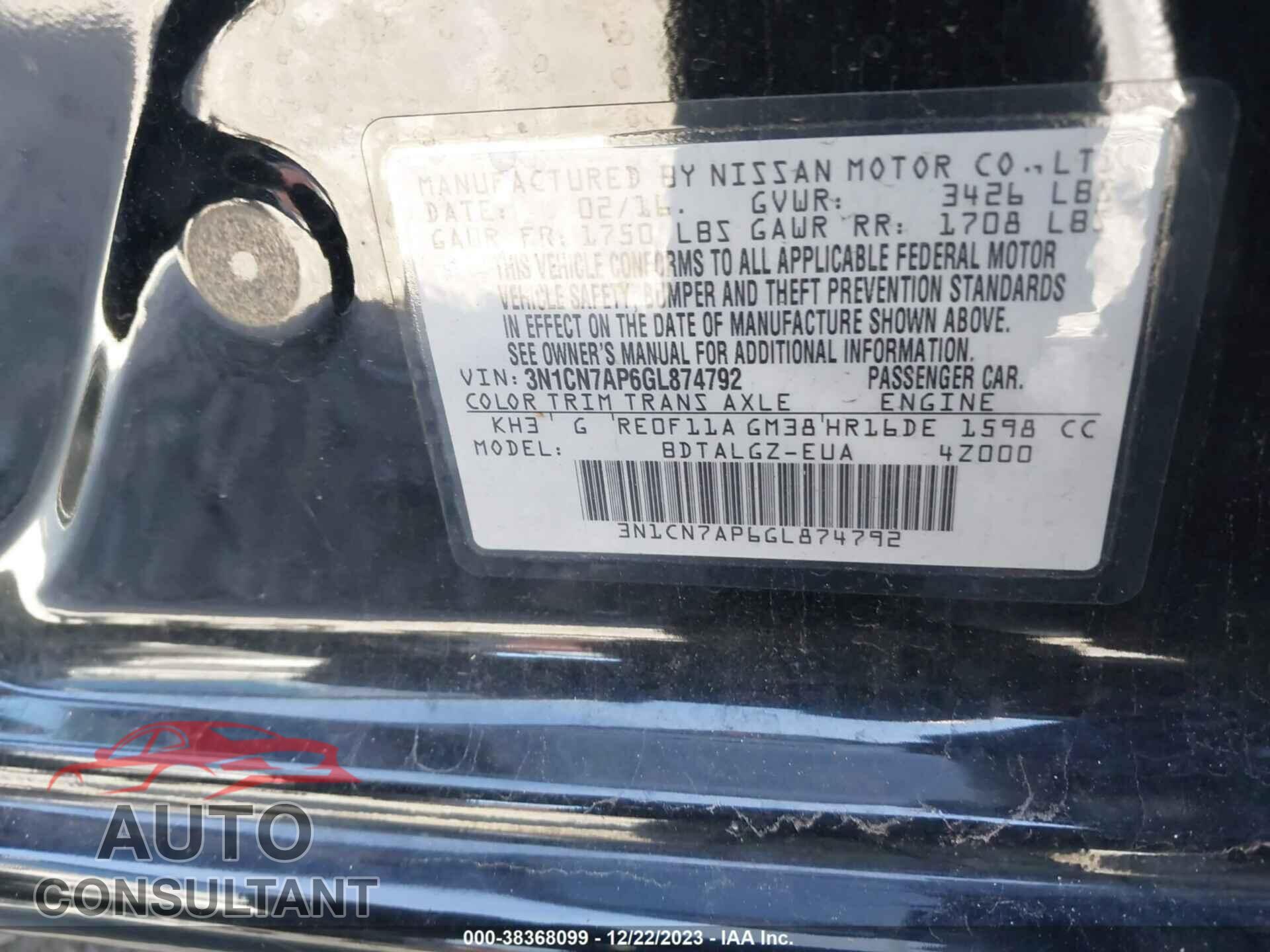 NISSAN VERSA 2016 - 3N1CN7AP6GL874792