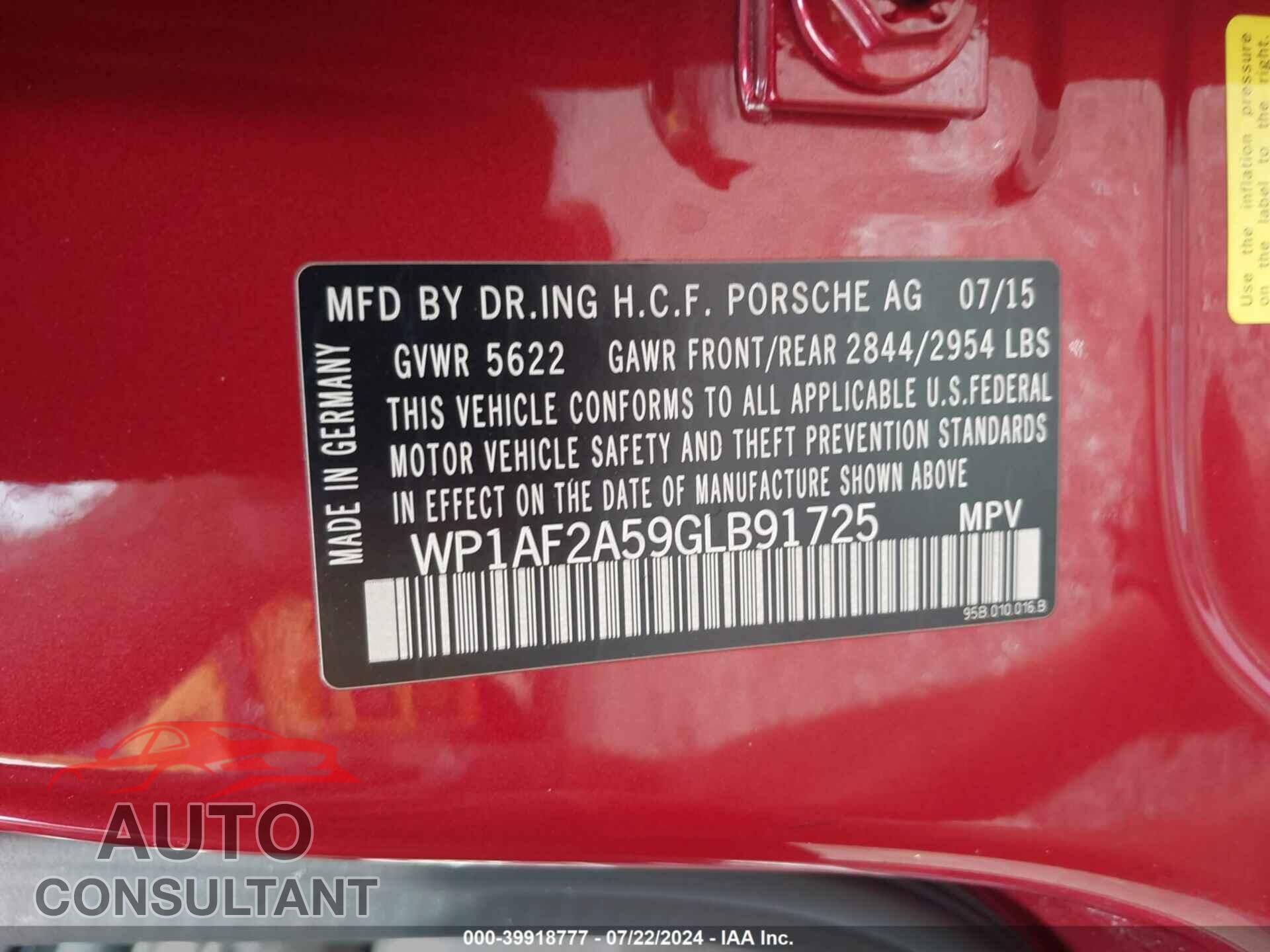PORSCHE MACAN 2016 - WP1AF2A59GLB91725