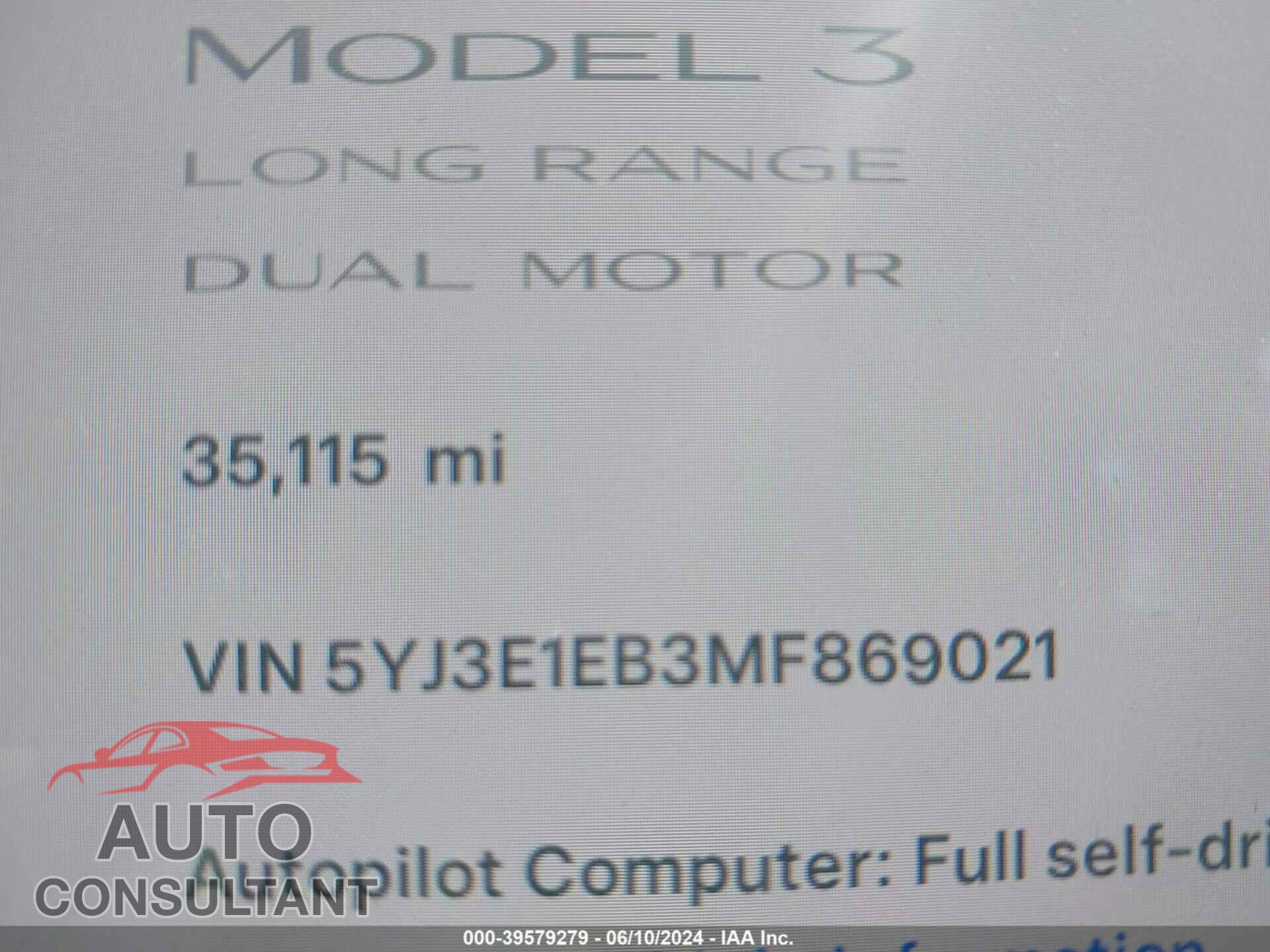 TESLA MODEL 3 2021 - 5YJ3E1EB3MF869021