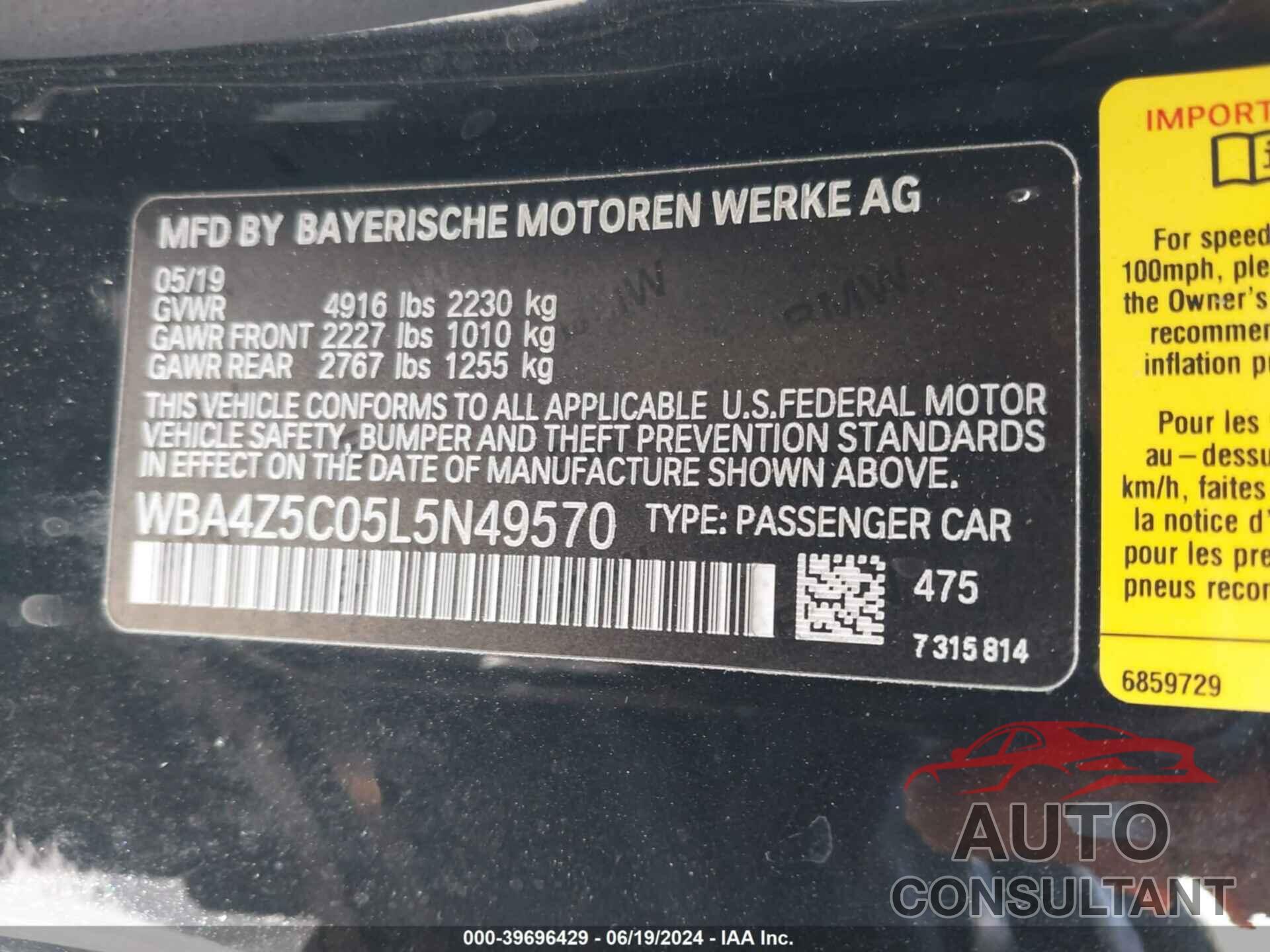 BMW 440I 2020 - WBA4Z5C05L5N49570