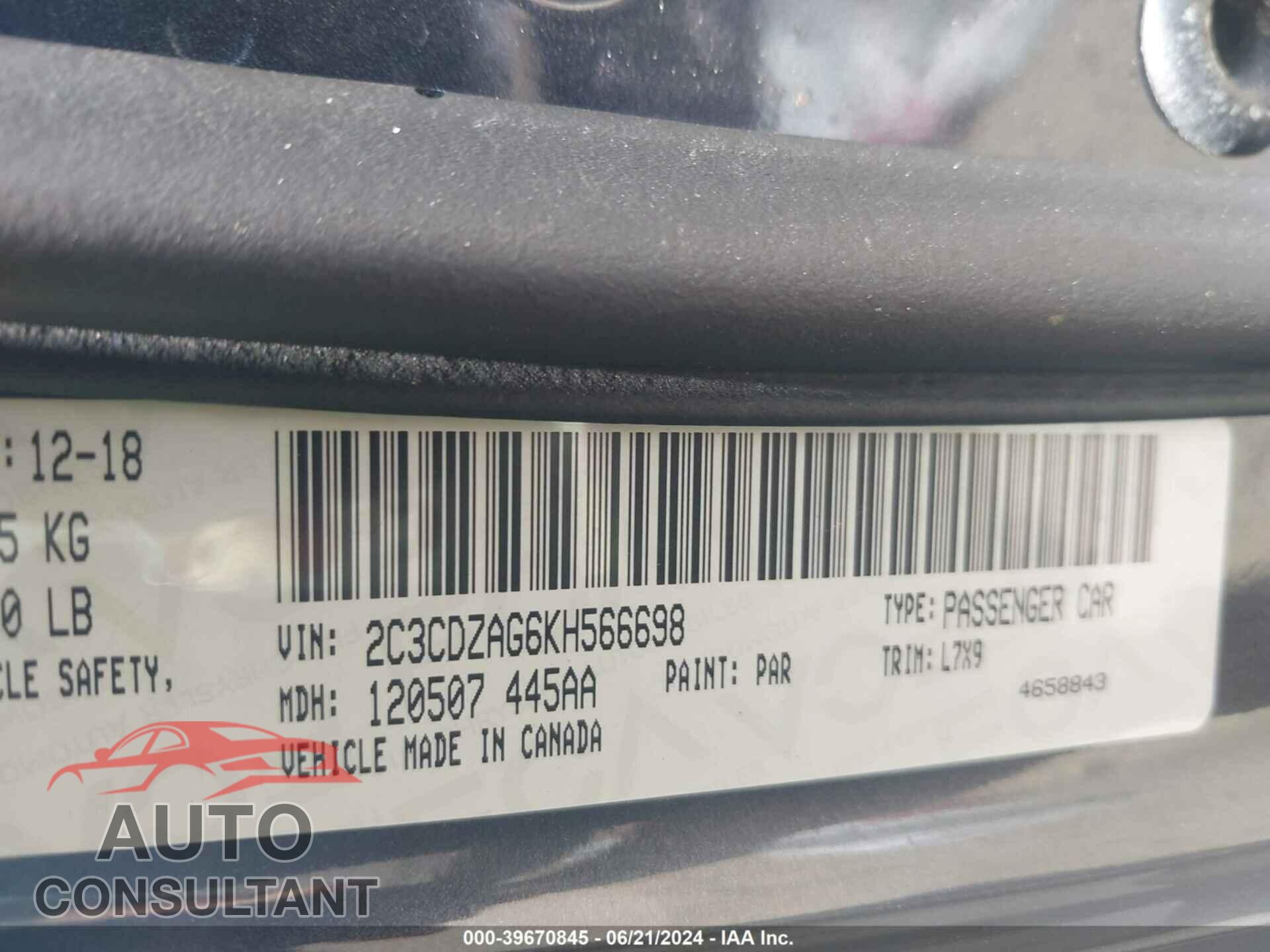 DODGE CHALLENGER 2019 - 2C3CDZAG6KH566698