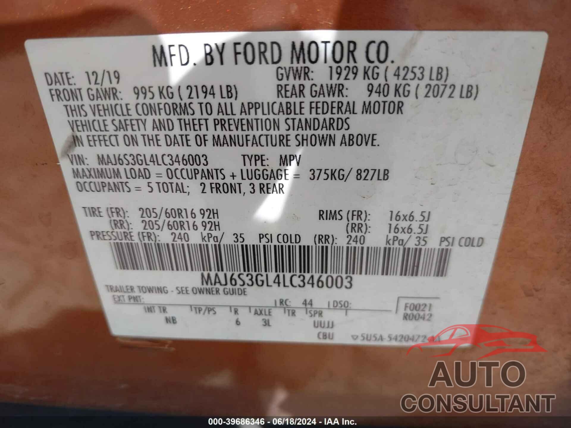 FORD ECOSPORT 2020 - MAJ6S3GL4LC346003