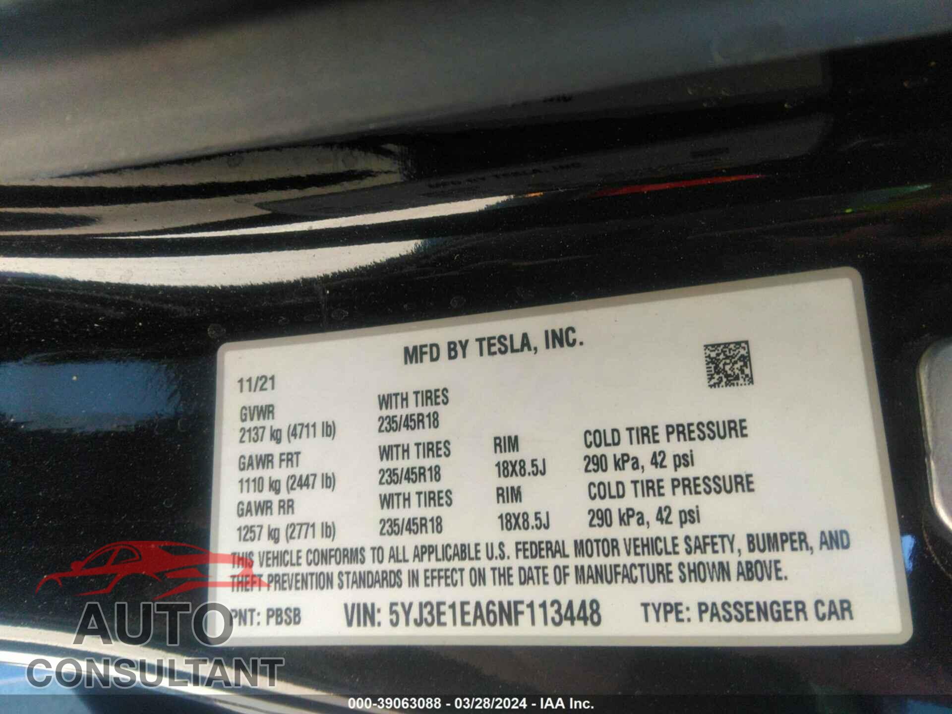 TESLA MODEL 3 2022 - 5YJ3E1EA6NF113448