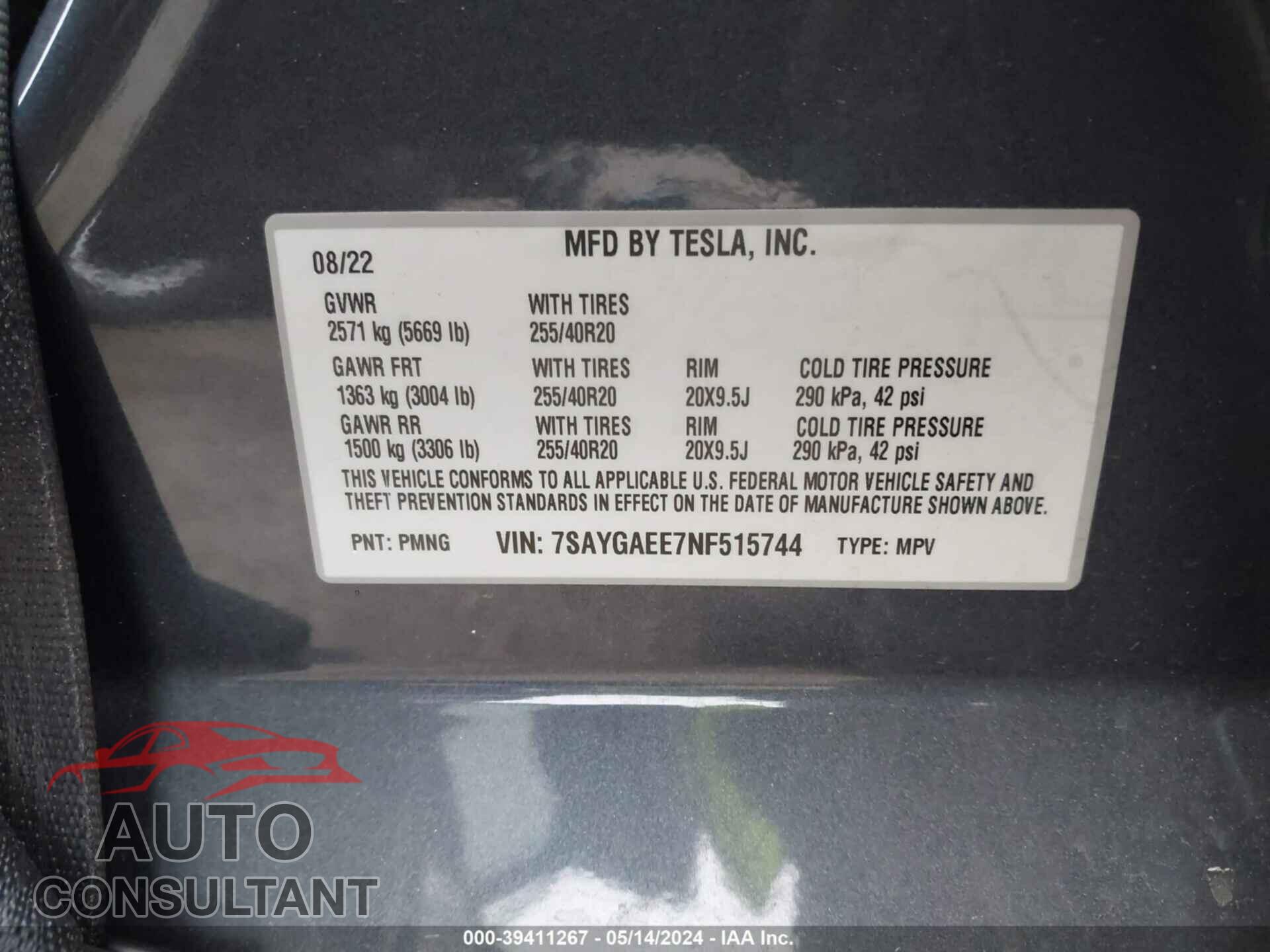 TESLA MODEL Y 2022 - 7SAYGAEE7NF515744