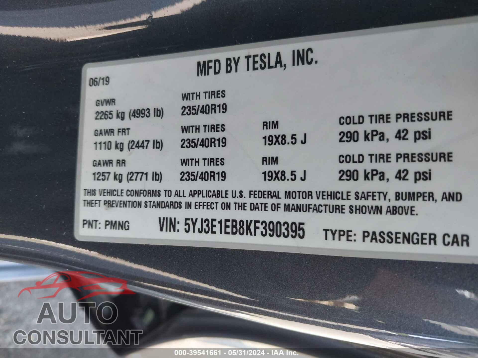 TESLA MODEL 3 2019 - 5YJ3E1EB8KF390395