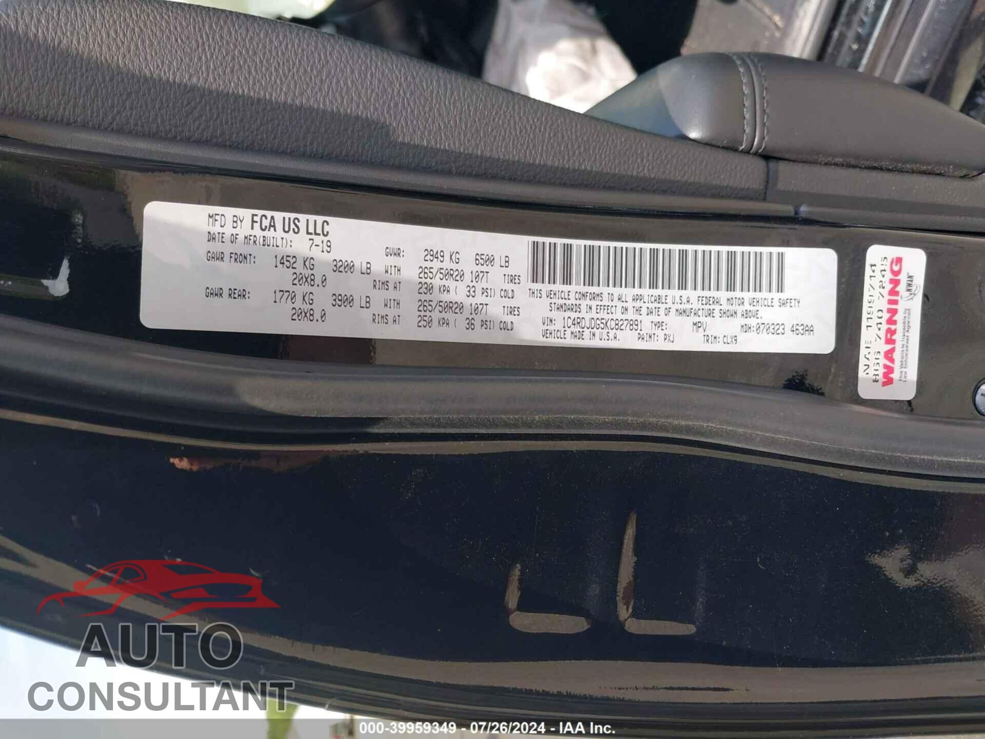 DODGE DURANGO 2019 - 1C4RDJDG5KC827891