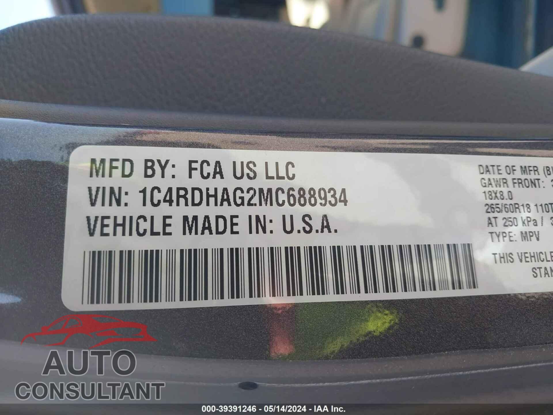 DODGE DURANGO 2021 - 1C4RDHAG2MC688934