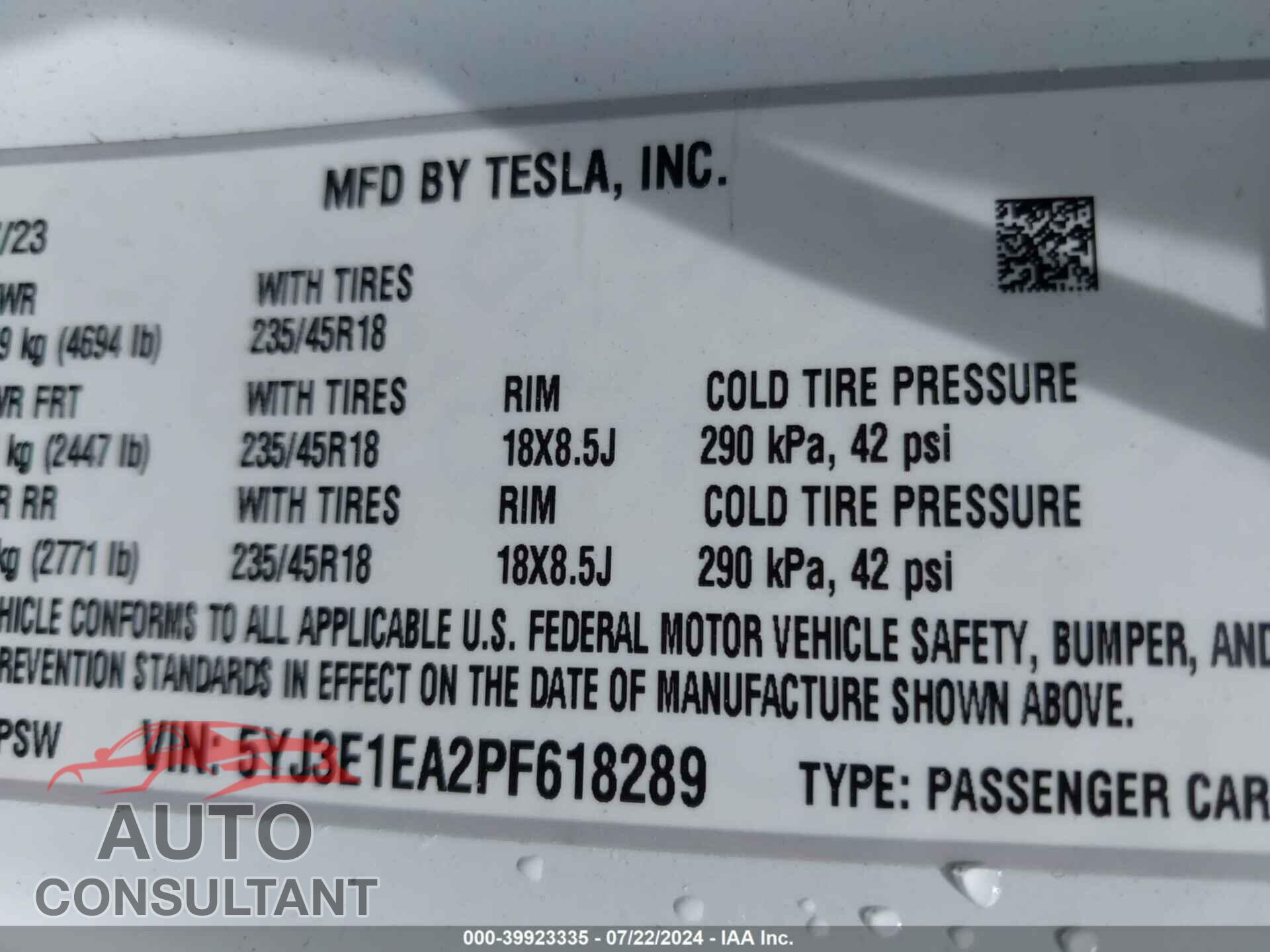 TESLA MODEL 3 2023 - 5YJ3E1EA2PF618289