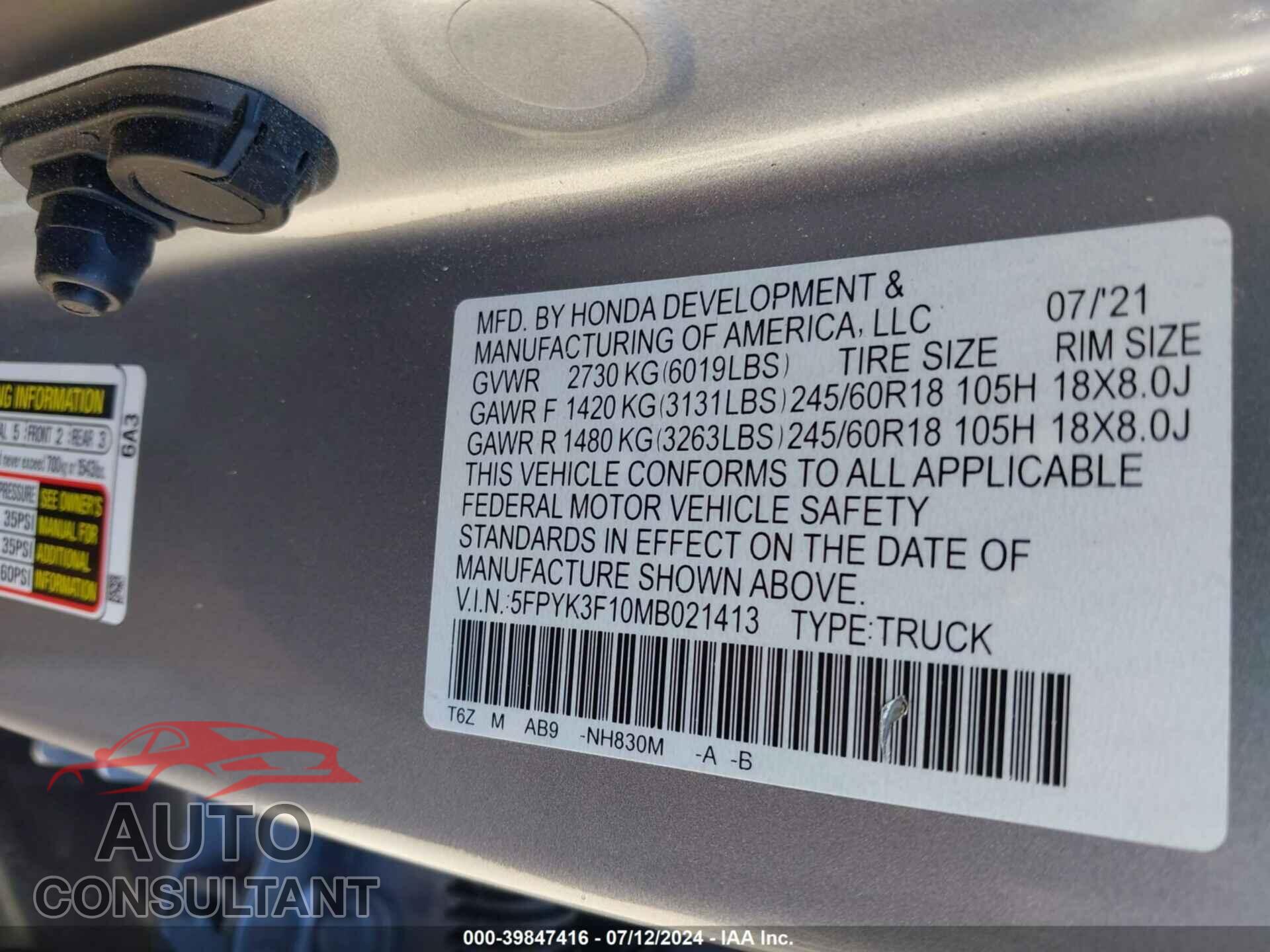 HONDA RIDGELINE 2021 - 5FPYK3F10MB021413