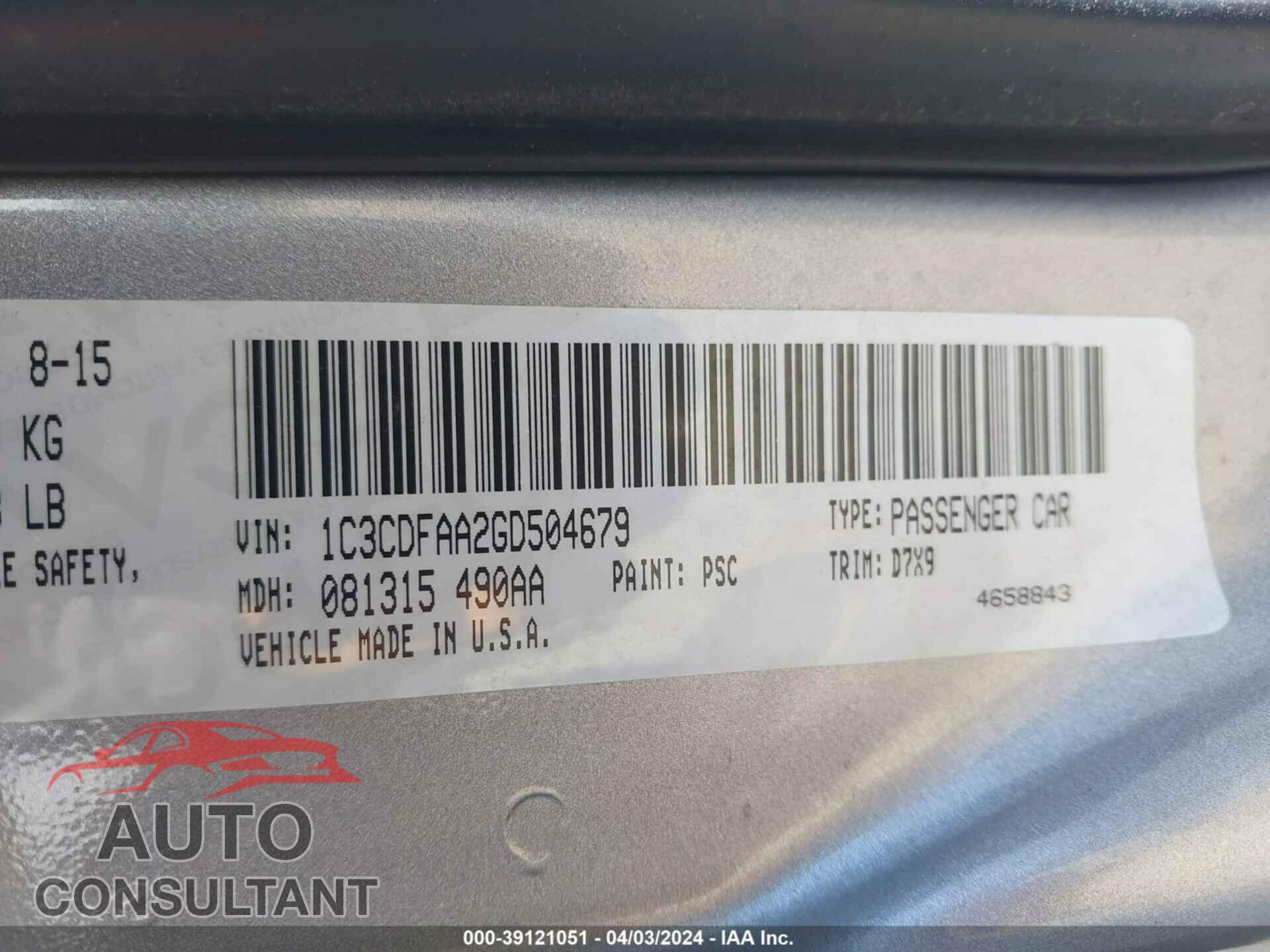 DODGE DART 2016 - 1C3CDFAA2GD504679