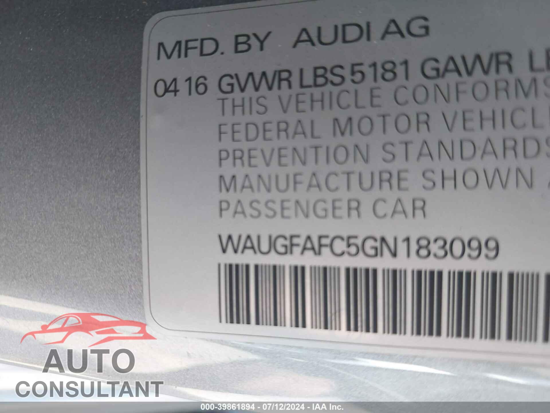 AUDI A6 2016 - WAUGFAFC5GN183099