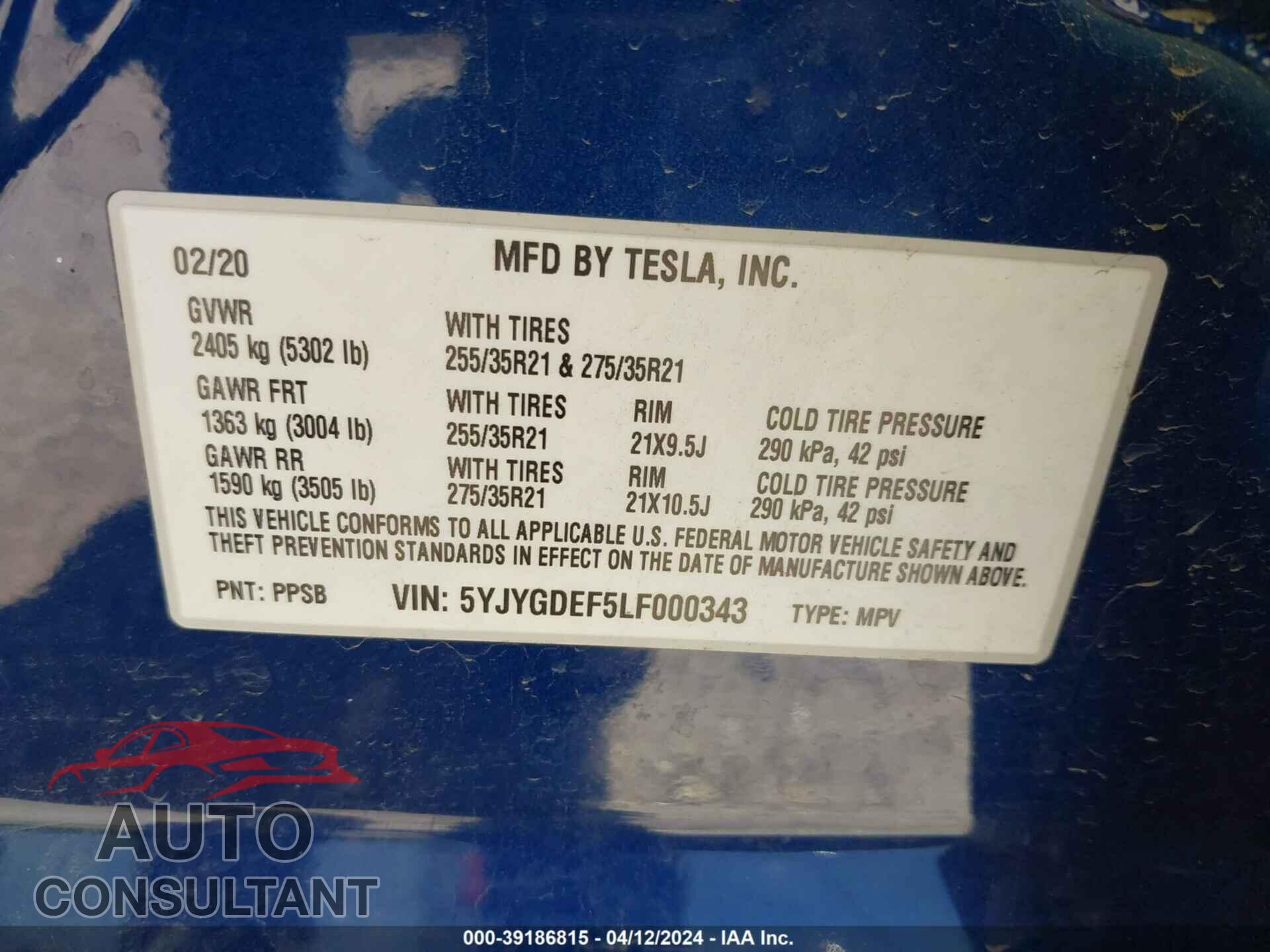 TESLA MODEL Y 2020 - 5YJYGDEF5LF000343