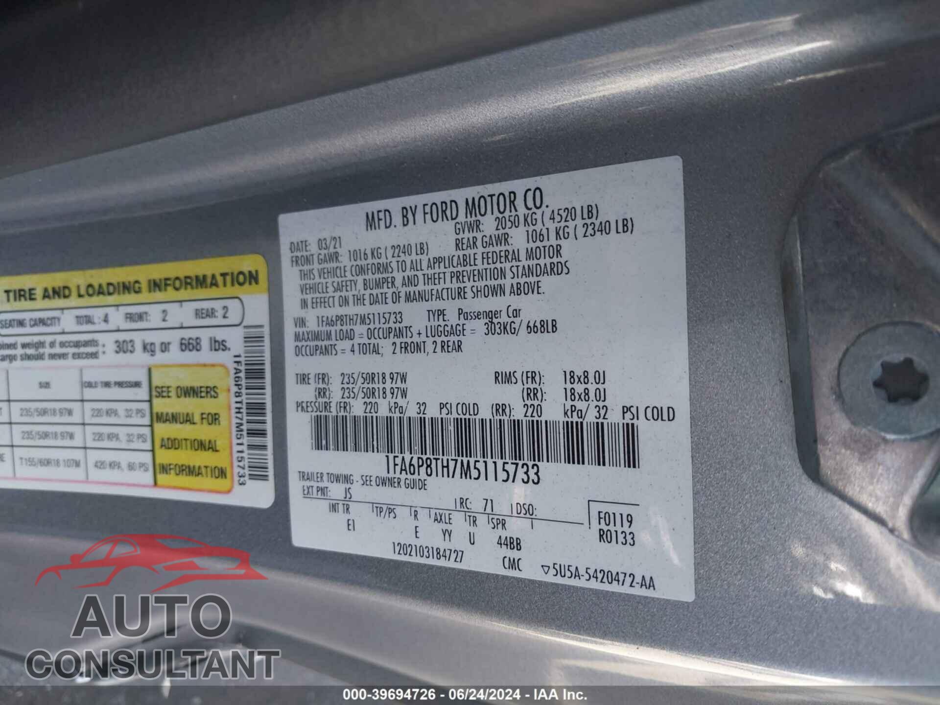 FORD MUSTANG 2021 - 1FA6P8TH7M5115733