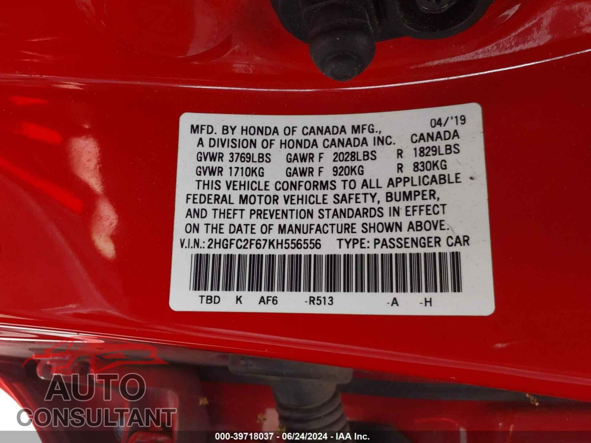 HONDA CIVIC 2019 - 2HGFC2F67KH556556