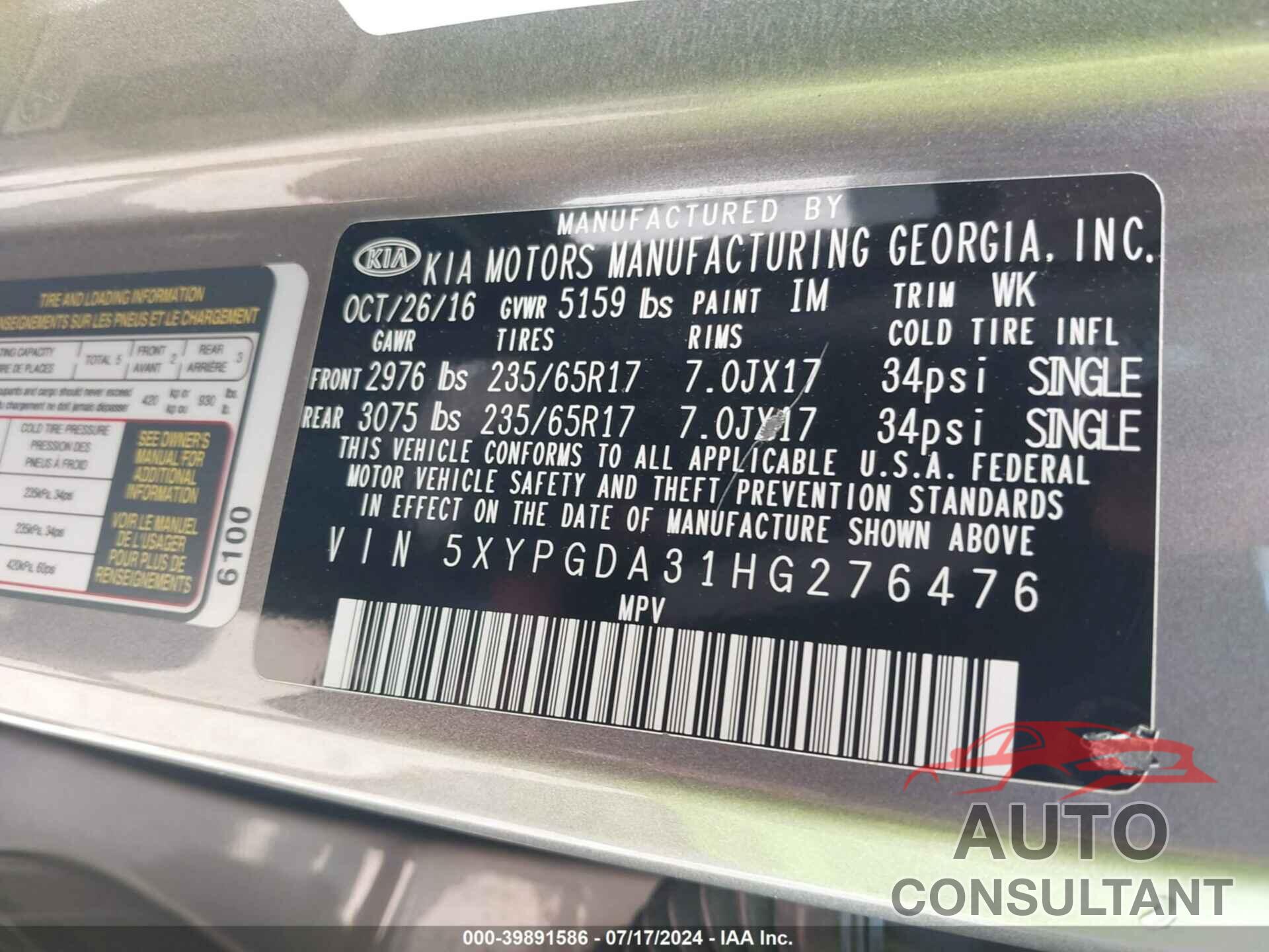 KIA SORENTO 2017 - 5XYPGDA31HG276476