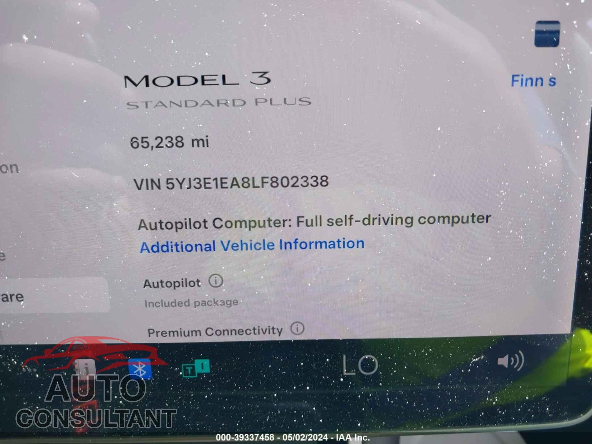 TESLA MODEL 3 2020 - 5YJ3E1EA8LF802338