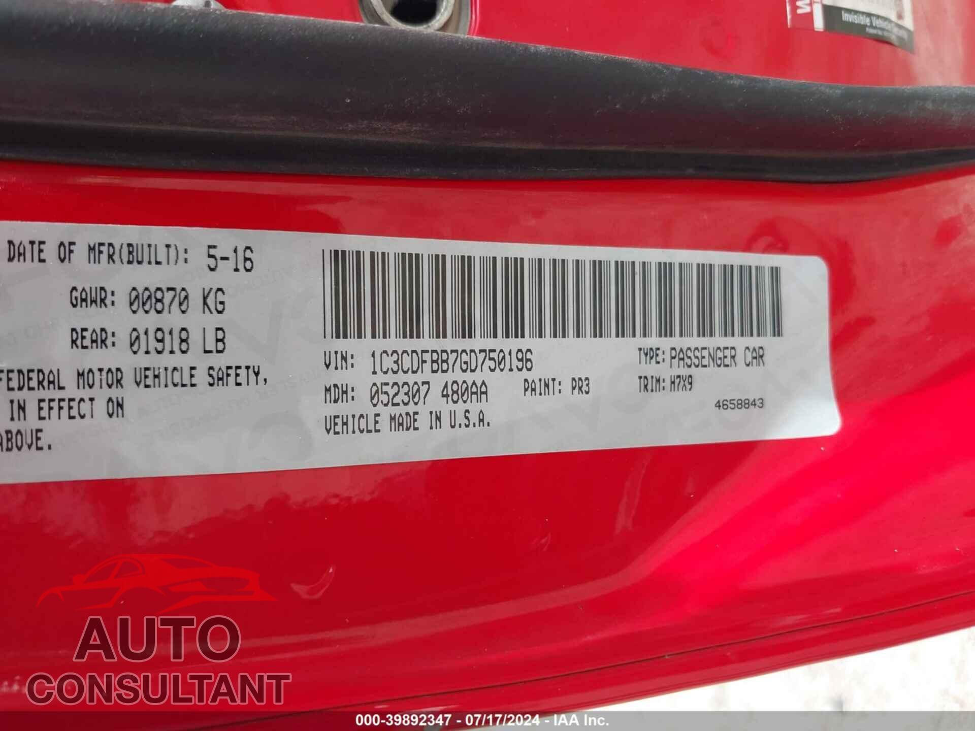 DODGE DART 2016 - 1C3CDFBB7GD750196