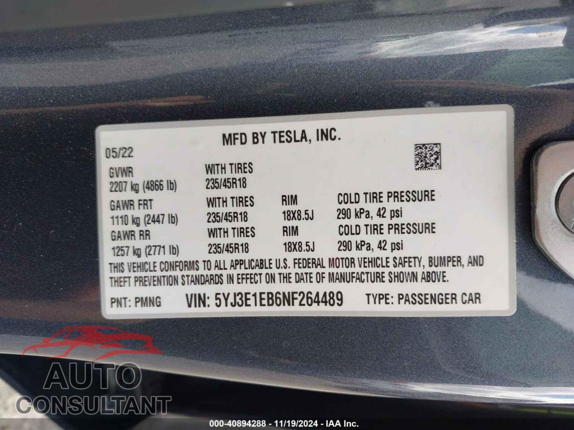TESLA MODEL 3 2022 - 5YJ3E1EB6NF264489