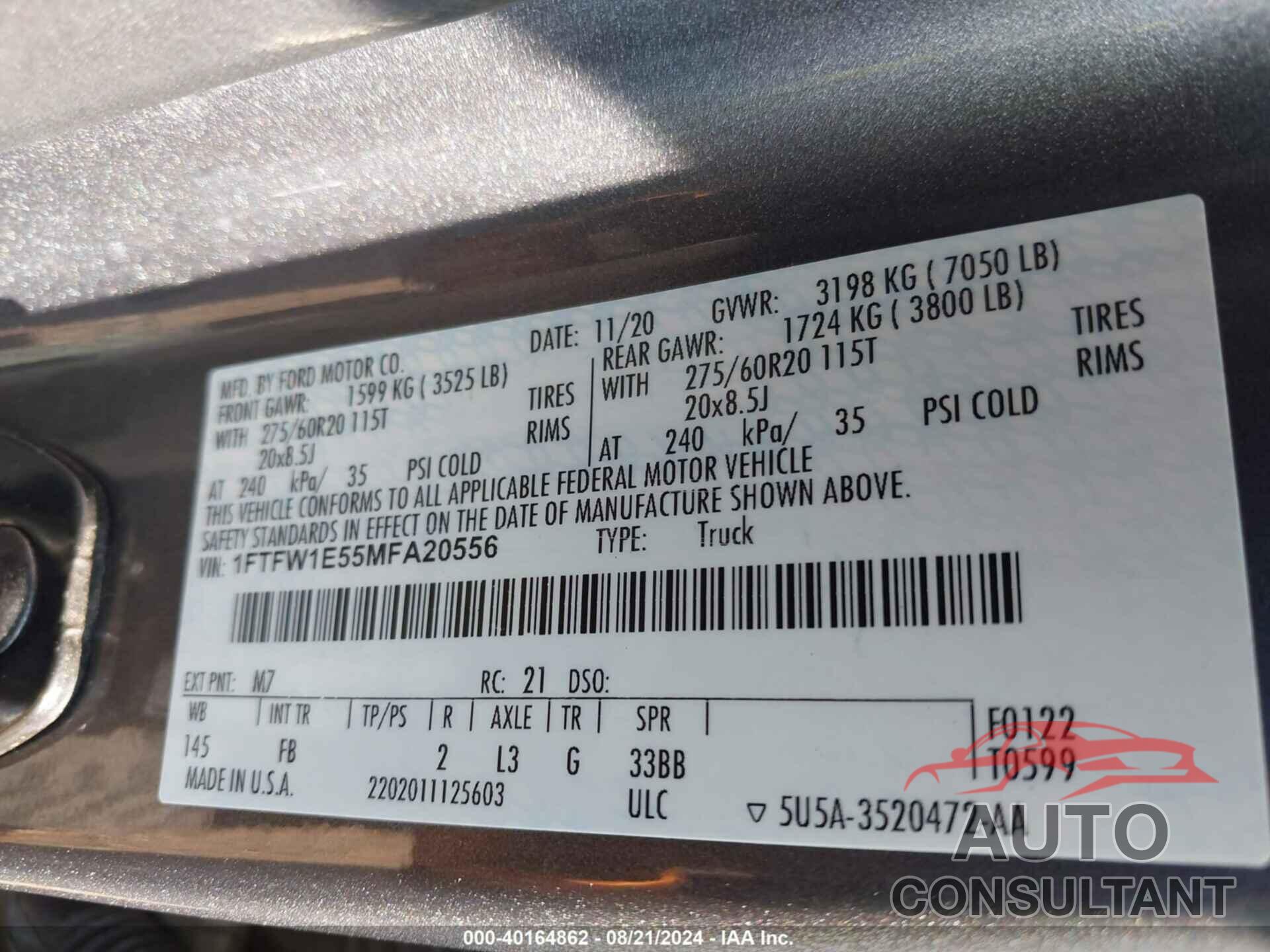 FORD F-150 2021 - 1FTFW1E55MFA20556