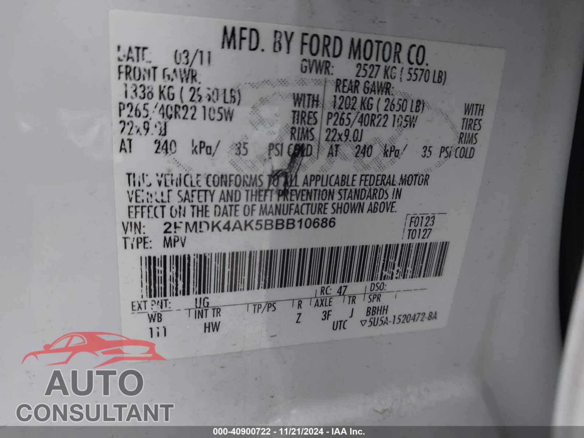 FORD EDGE 2011 - 2FMDK4AK5BBB10686