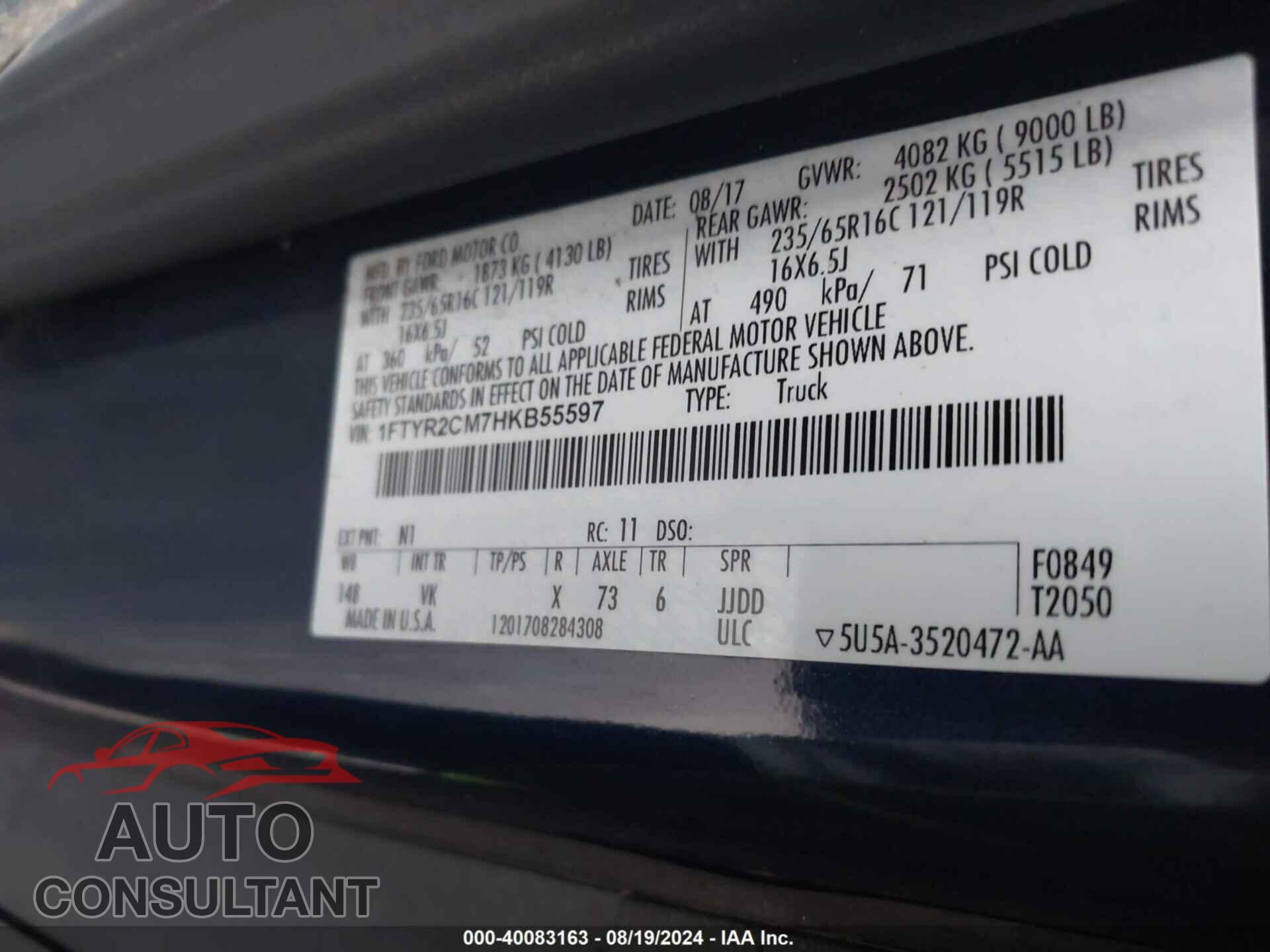 FORD TRANSIT-250 2017 - 1FTYR2CM7HKB55597