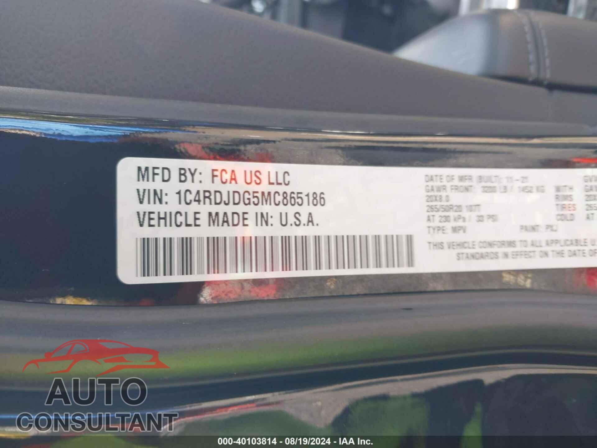 DODGE DURANGO 2021 - 1C4RDJDG5MC865186