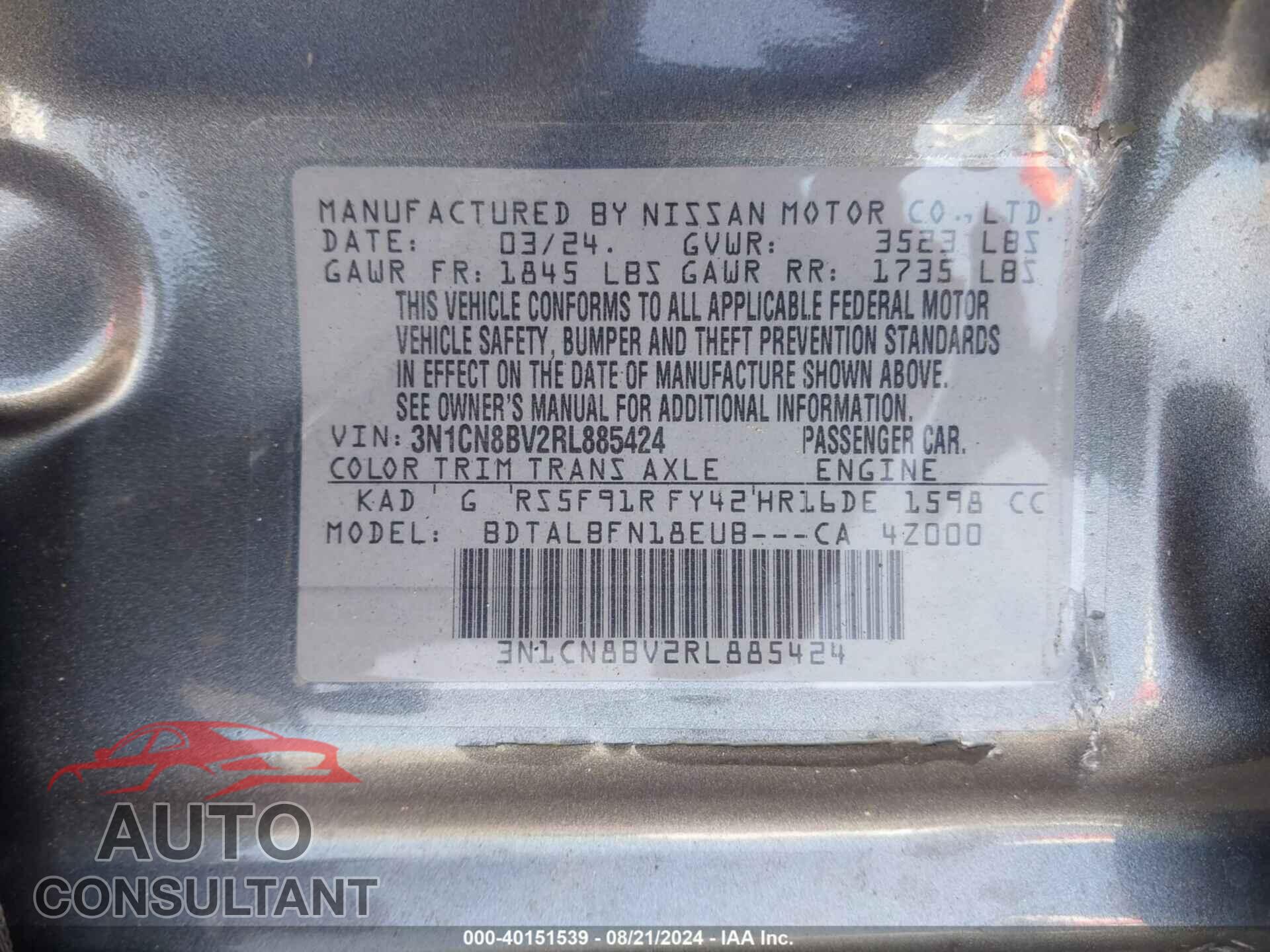 NISSAN VERSA 2024 - 3N1CV8BV2RL885424