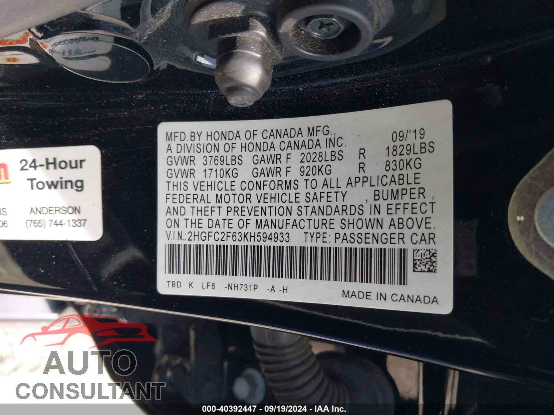 HONDA CIVIC 2019 - 2HGFC2F63KH594933
