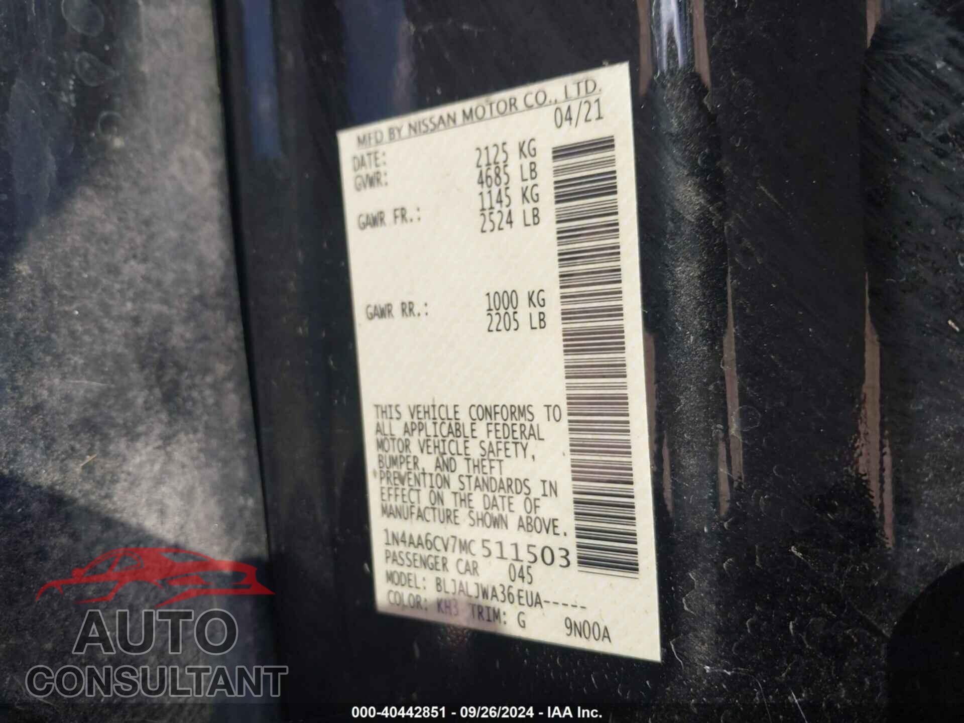 NISSAN MAXIMA 2021 - 1N4AA6CV7MC511503