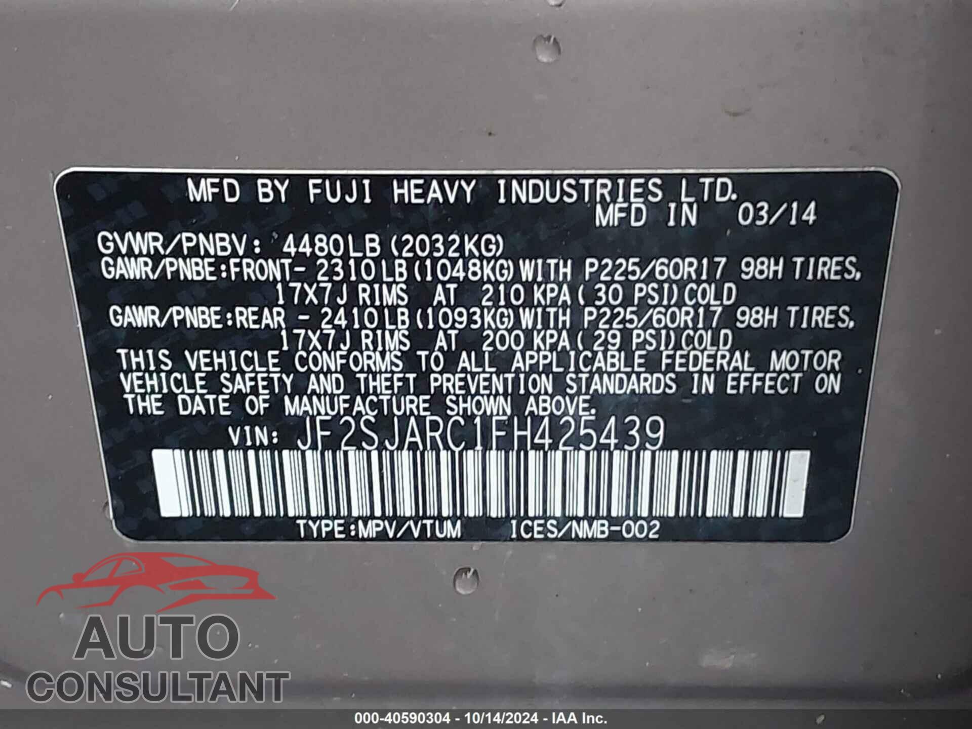 SUBARU FORESTER 2015 - JF2SJARC1FH425439
