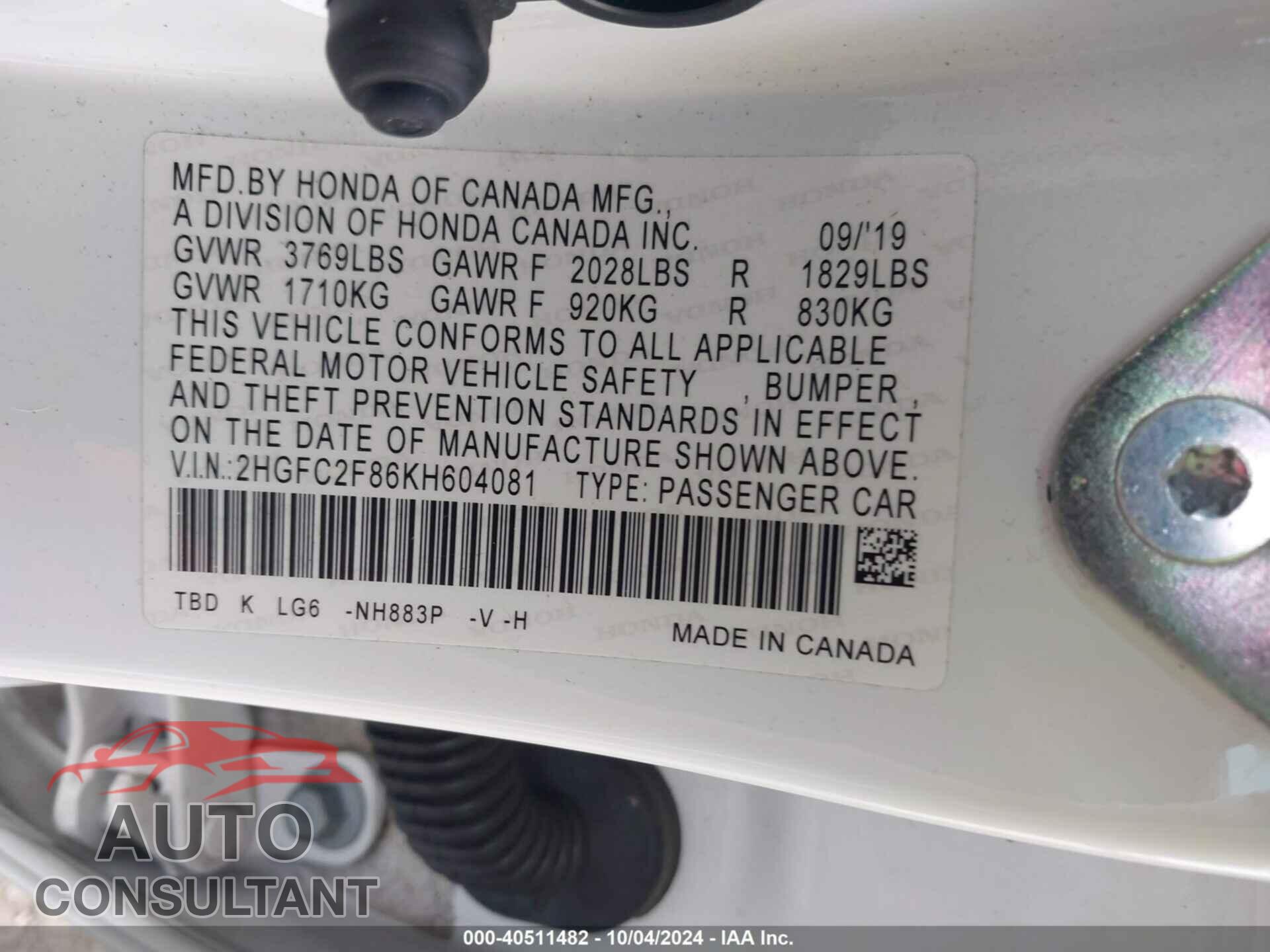 HONDA CIVIC 2019 - 2HGFC2F86KH604081