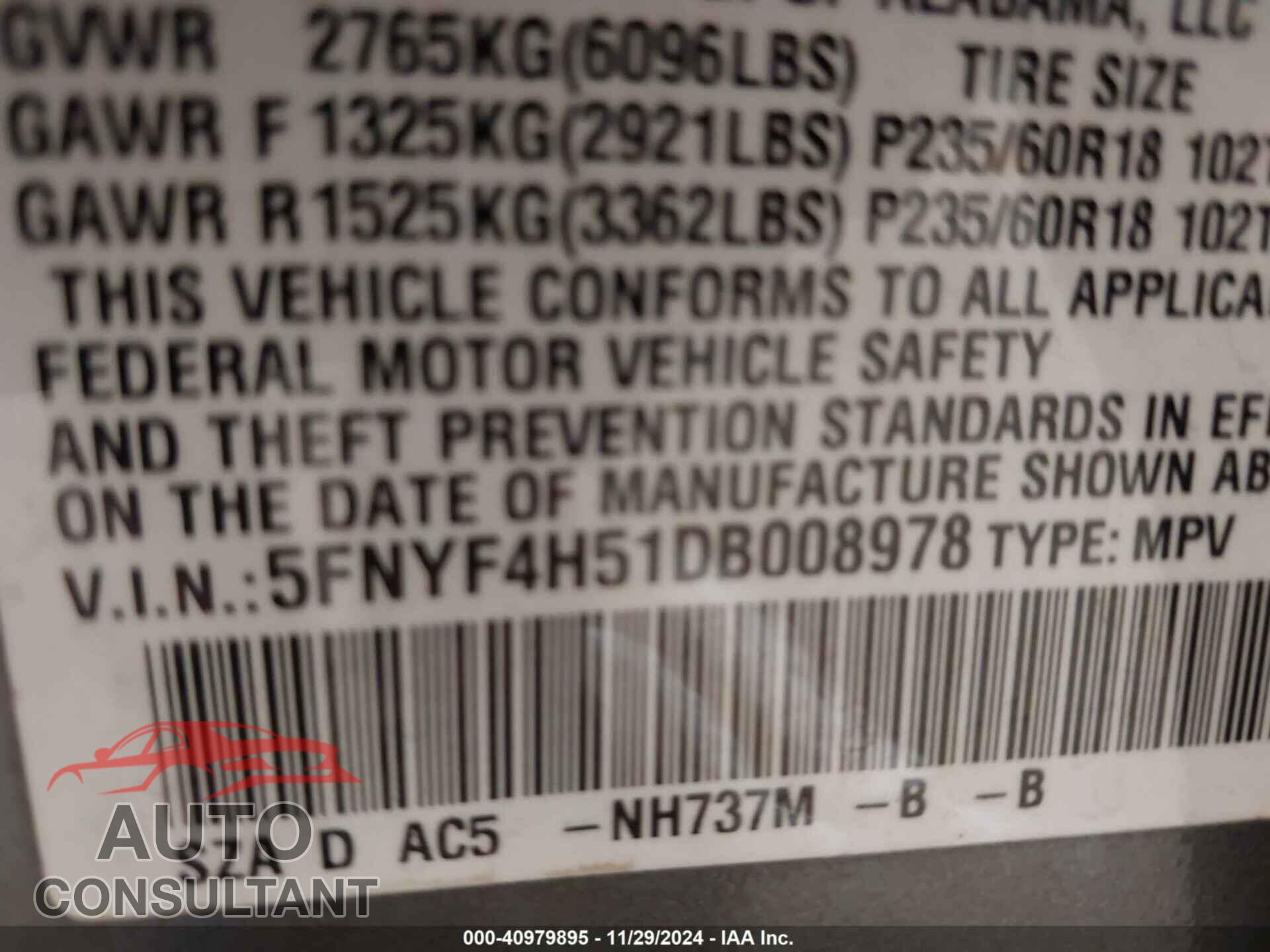 HONDA PILOT 2013 - 5FNYF4H51DB008978
