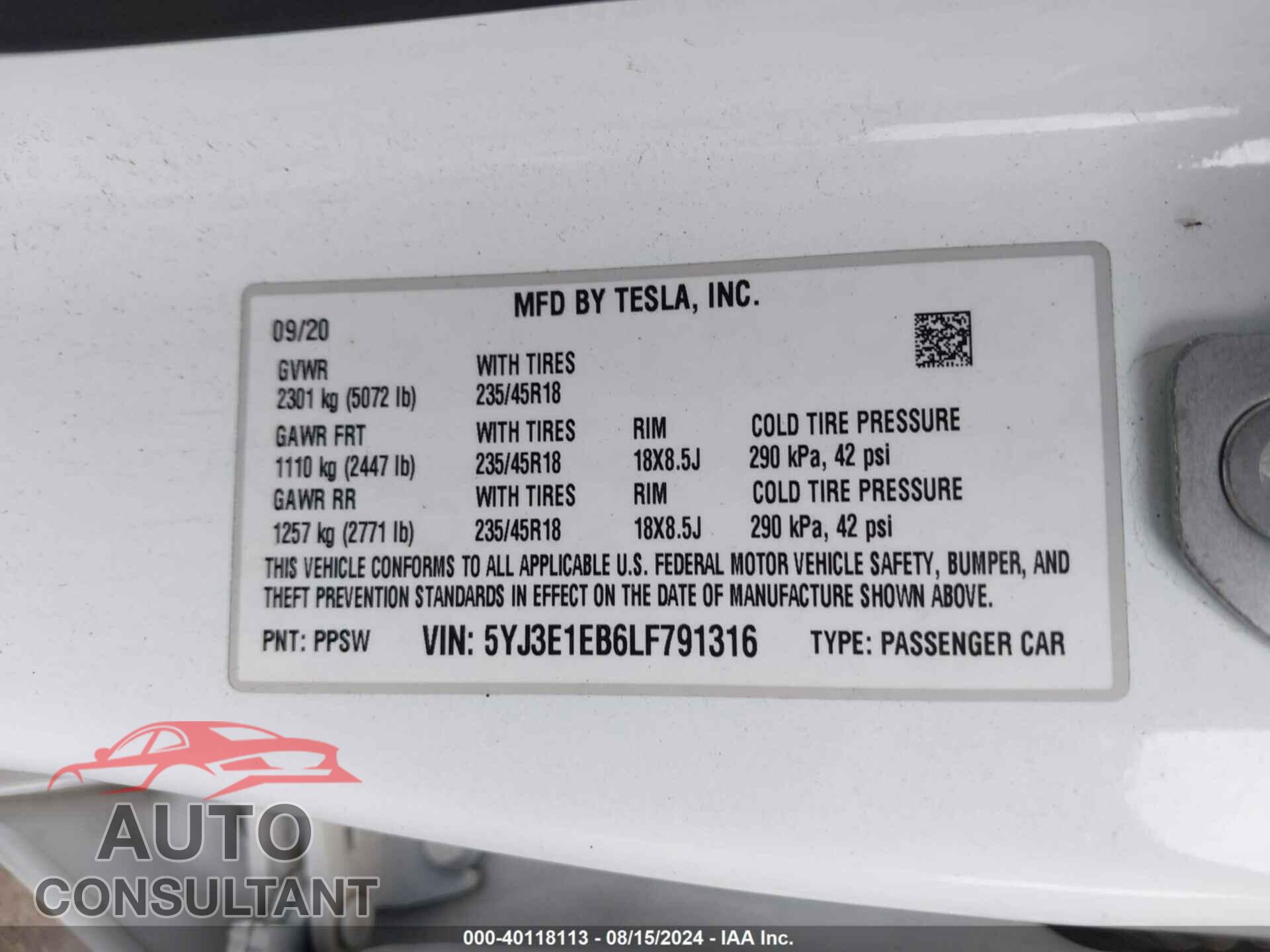 TESLA MODEL 3 2020 - 5YJ3E1EB6LF791316