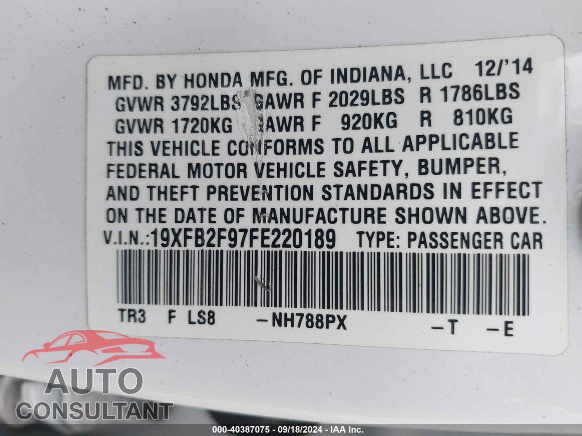 HONDA CIVIC 2015 - 19XFB2F97FE220189