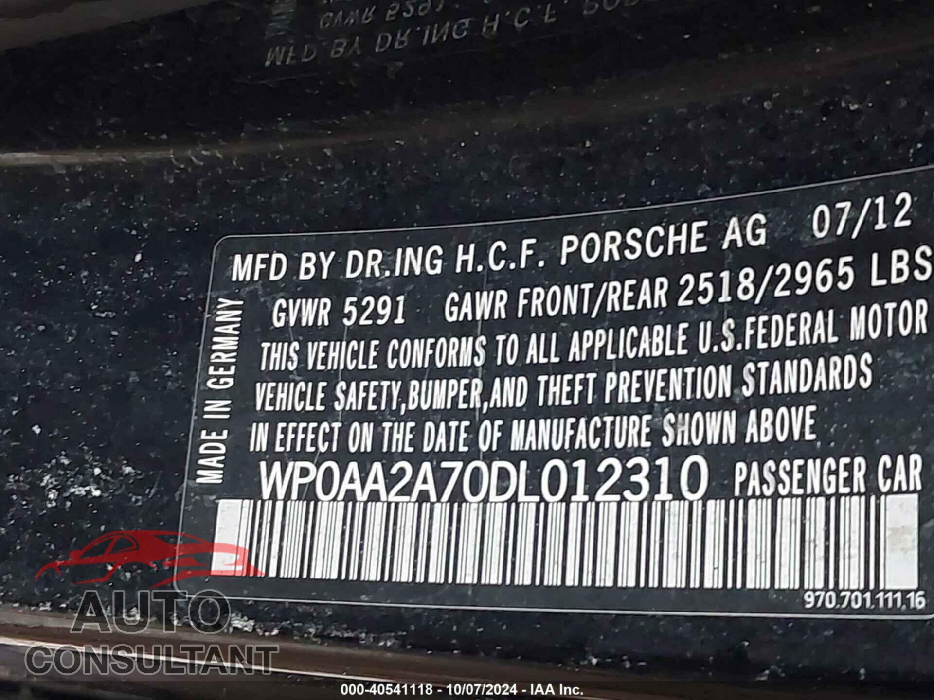 PORSCHE PANAMERA 2013 - WP0AA2A70DL012310