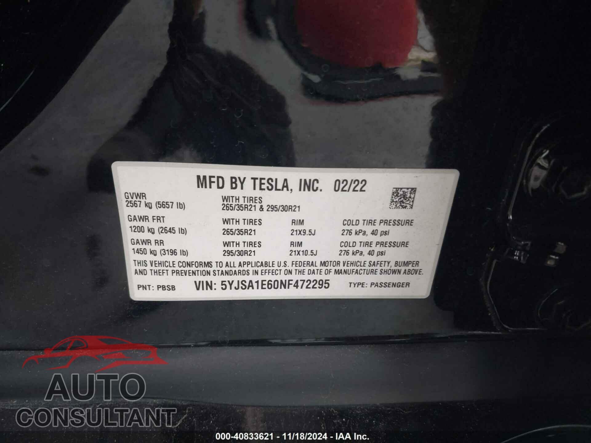 TESLA MODEL S 2022 - 5YJSA1E60NF472295